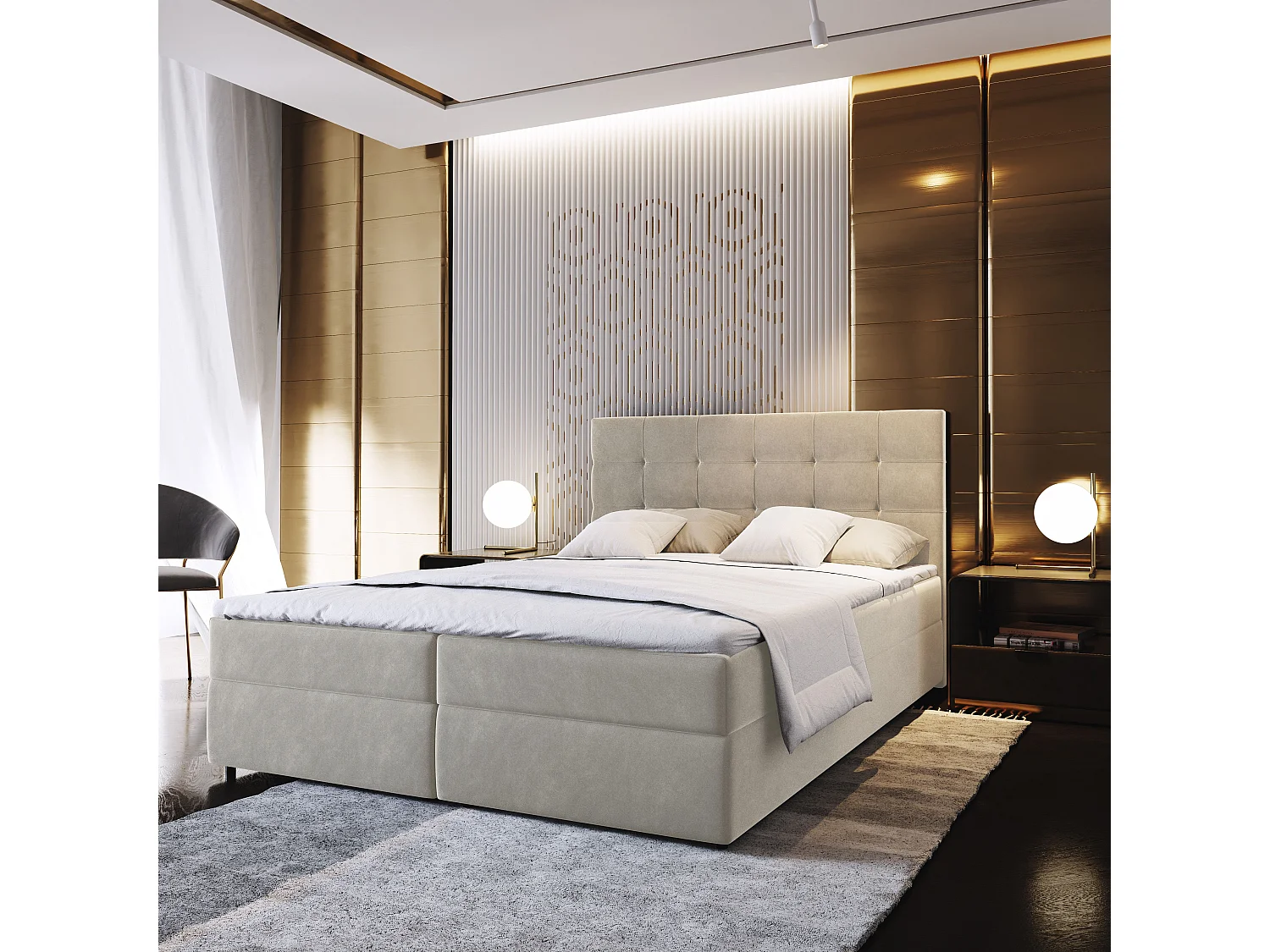 Lit boxspring GLOS 200x200 cm avec tête de lit, sommier et matelas, Beige