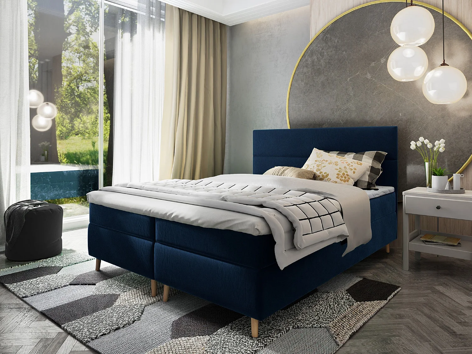 Boxspringbed SANTA 200x200 cm Set met hoofdbord, bedbodem en matras, Blauw
