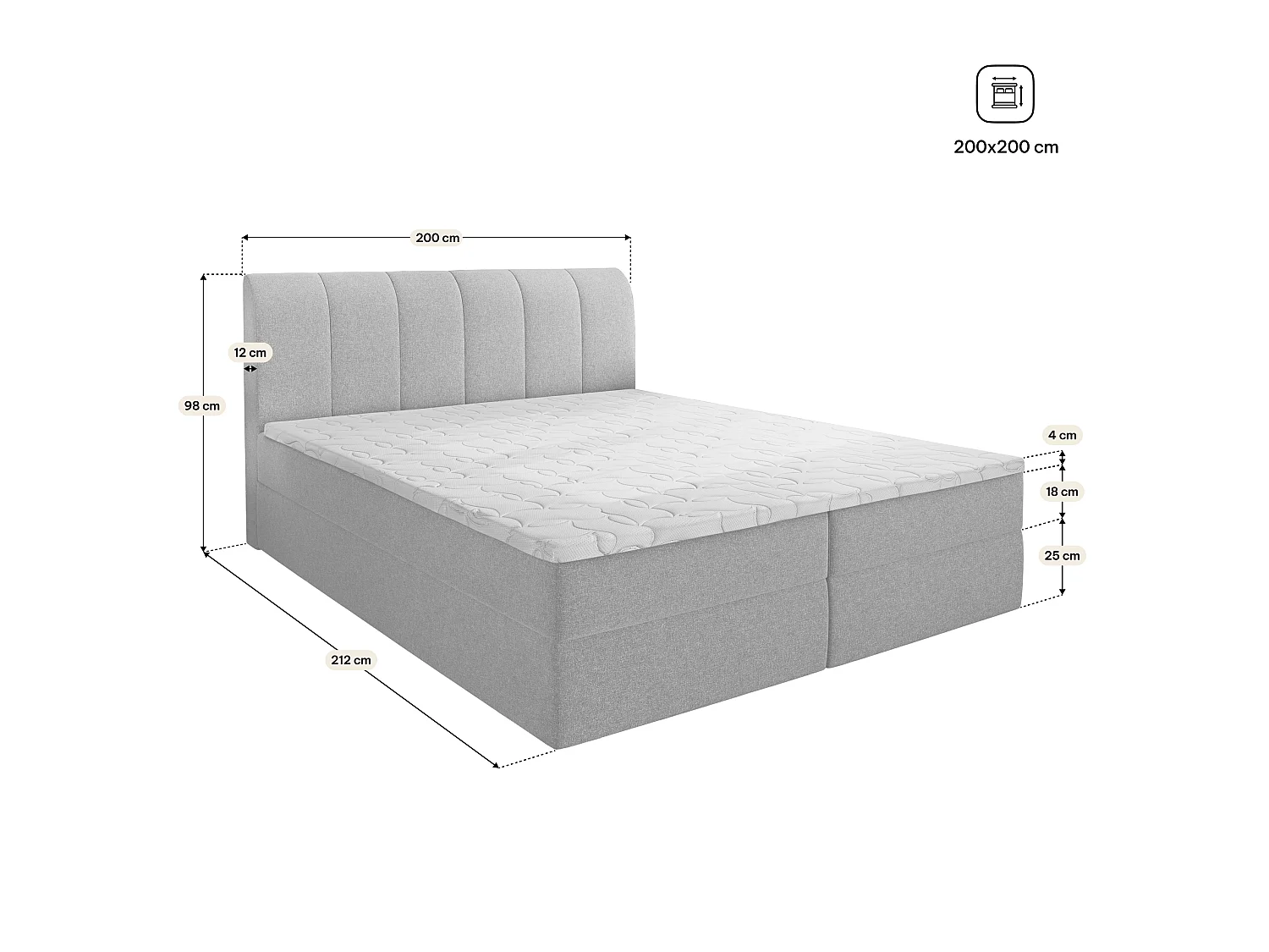 Boxspringbed CEVANO 200x200 cm Set met hoofdbord, bedbodem en matras, Zwart