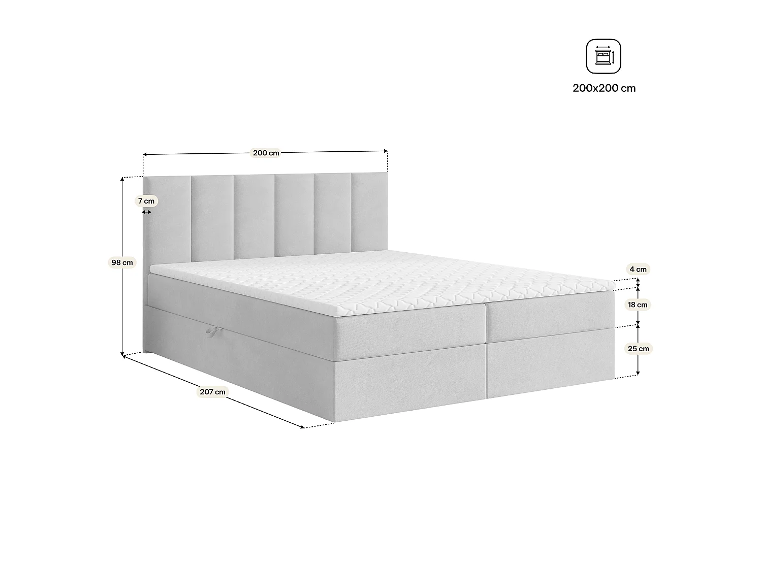 Boxspringbed MERIL 200x200 cm Set met hoofdbord, bedbodem en matras, Beige