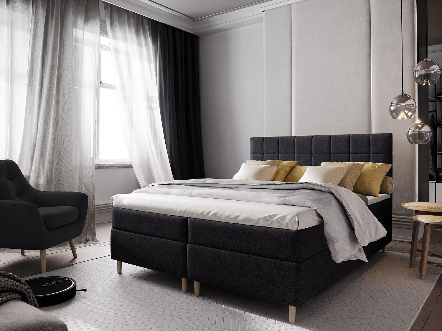 Boxspringbed IBIZA 200x200 cm Set met hoofdbord, bedbodem en matras, Zwart