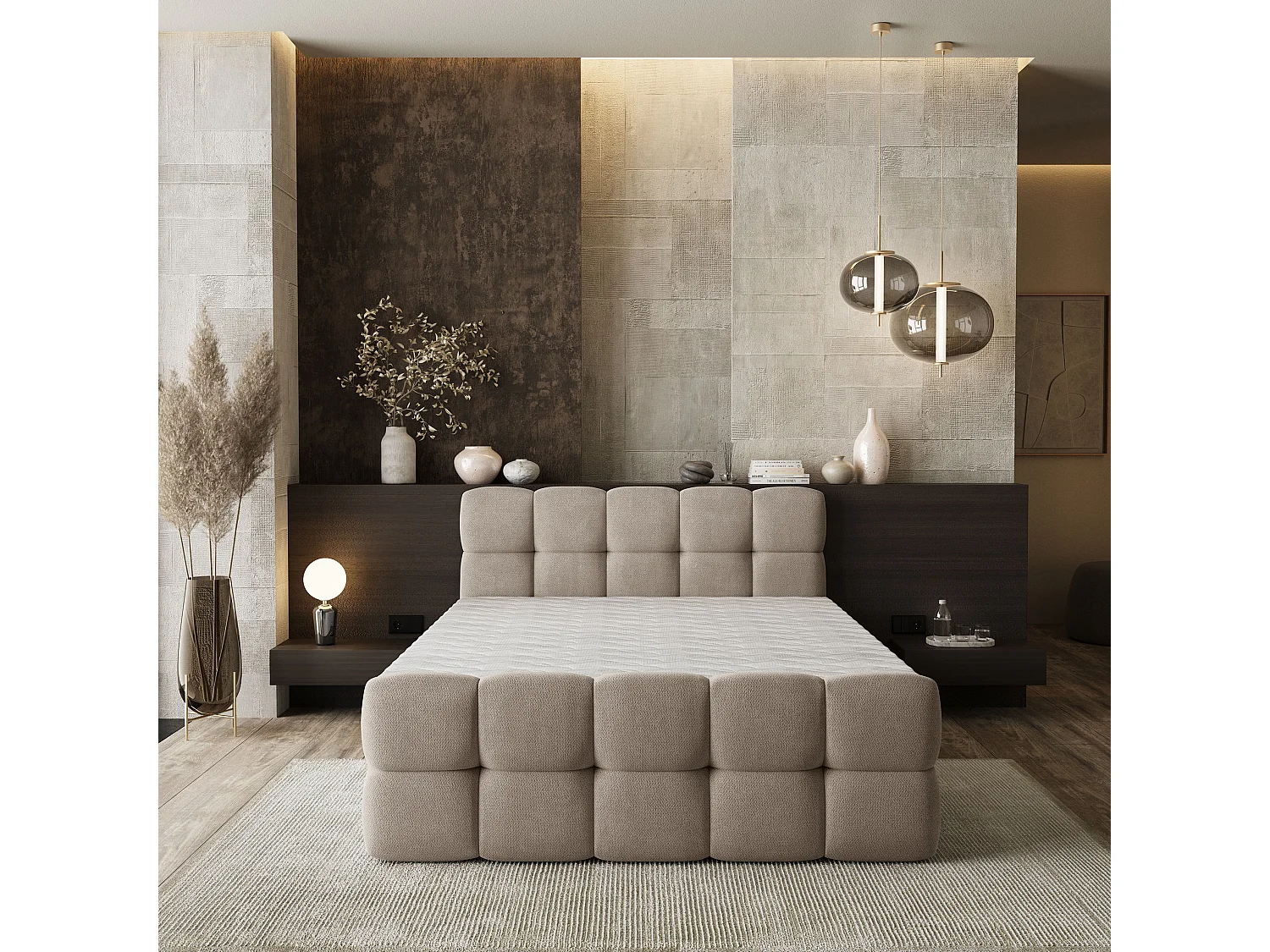 Lit boxspring BRUME 200x200 cm avec tête de lit, sommier et matelas, Beige