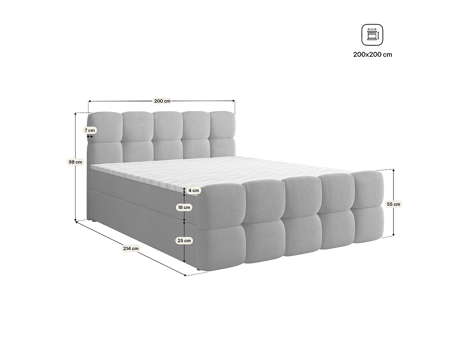 Lit boxspring BRUME 200x200 cm avec tête de lit, sommier et matelas, Beige