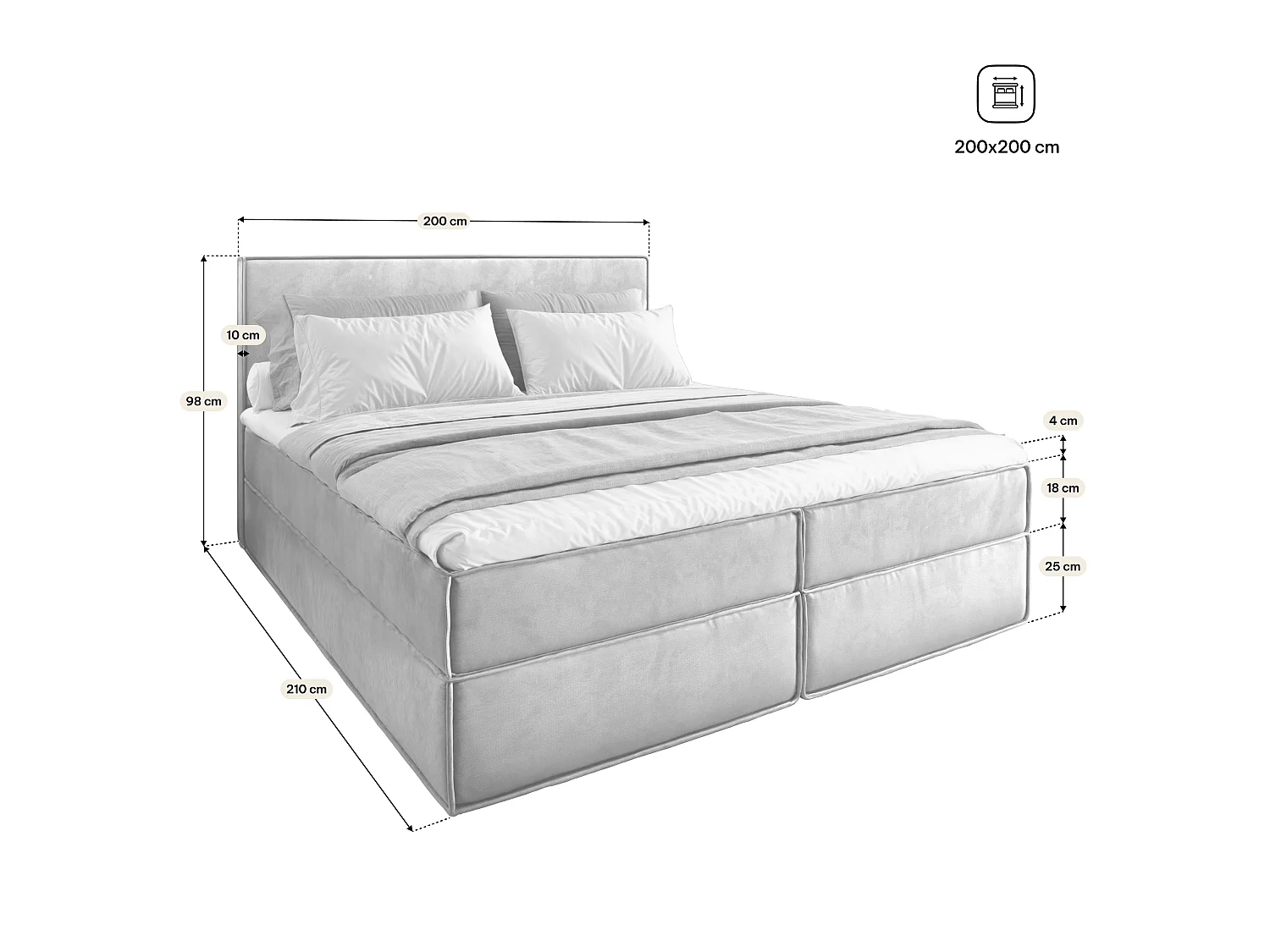Lit boxspring PELLIO 200x200 cm avec tête de lit, sommier et matelas, Mauve