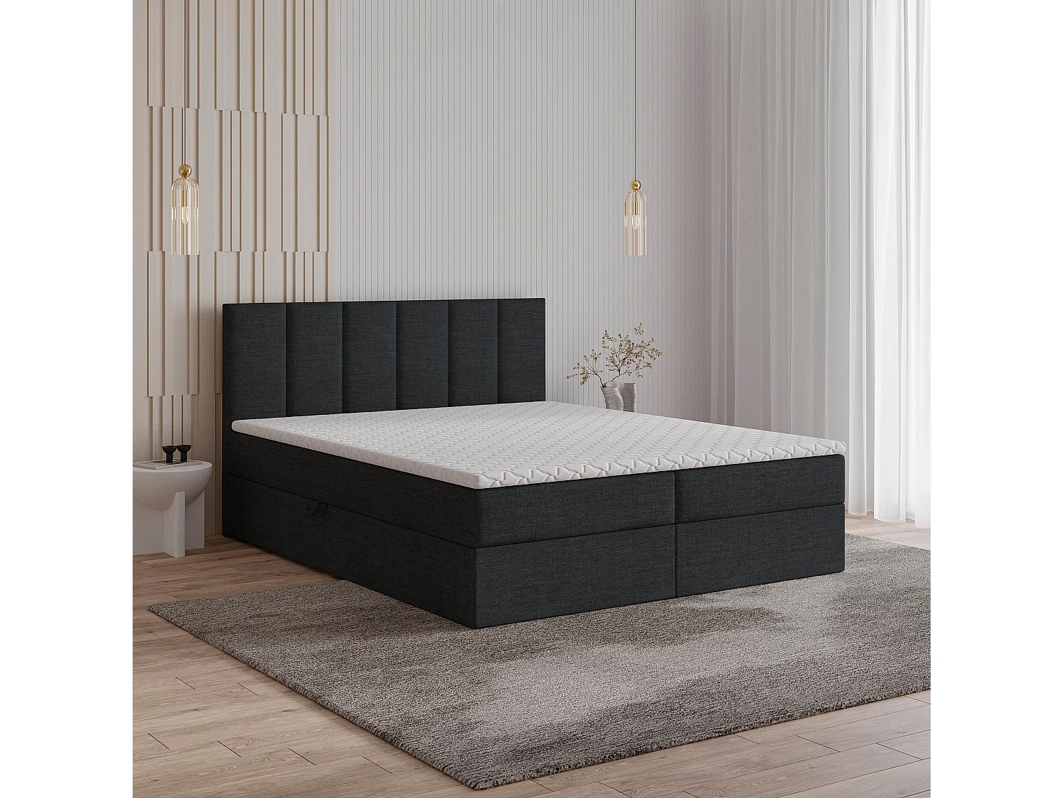 Boxspringbed MERIL 200x200 cm Set met hoofdbord, bedbodem en matras, Diepzwart