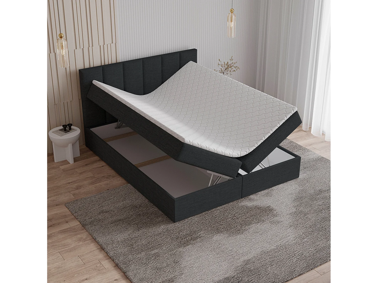 Boxspringbed MERIL 200x200 cm Set met hoofdbord, bedbodem en matras, Diepzwart
