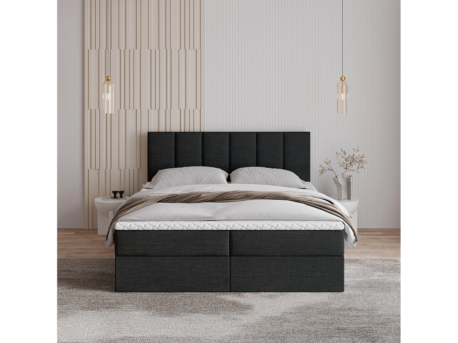 Boxspringbed MERIL 200x200 cm Set met hoofdbord, bedbodem en matras, Diepzwart