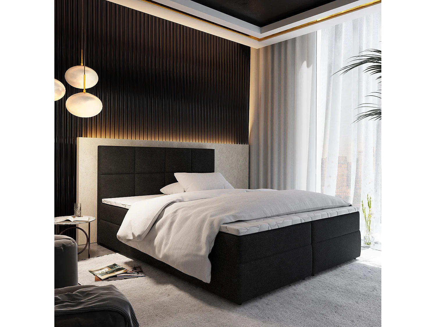 Lit boxspring LENA 200x200 cm avec tête de lit, sommier et matelas, Noir