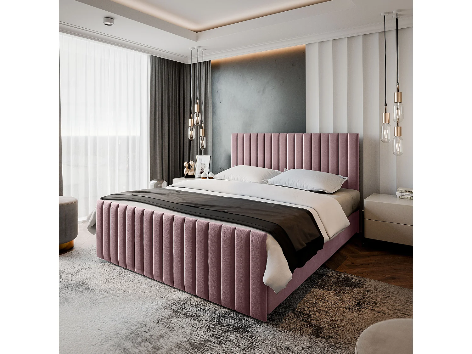 Lit boxspring ARION 200x200 cm avec tête de lit, sommier et matelas, Rose poudré