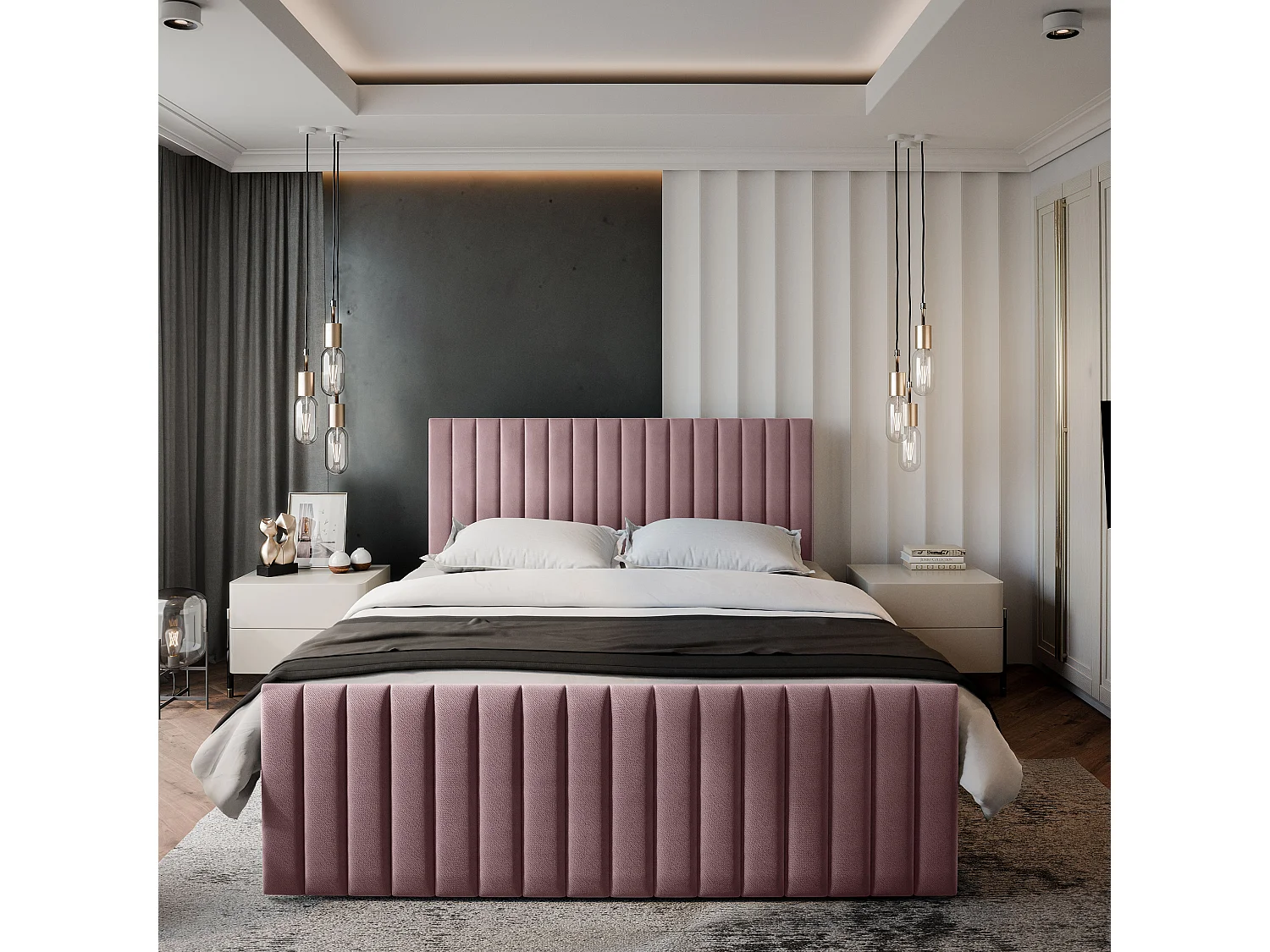 Lit boxspring ARION 200x200 cm avec tête de lit, sommier et matelas, Rose poudré