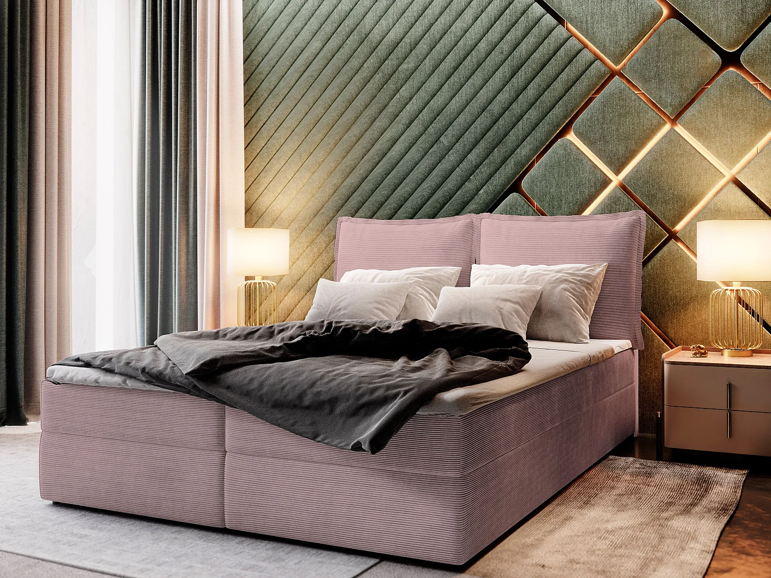Lit boxspring LENTE 200x200 cm avec tête de lit, sommier et matelas, Rose poudré