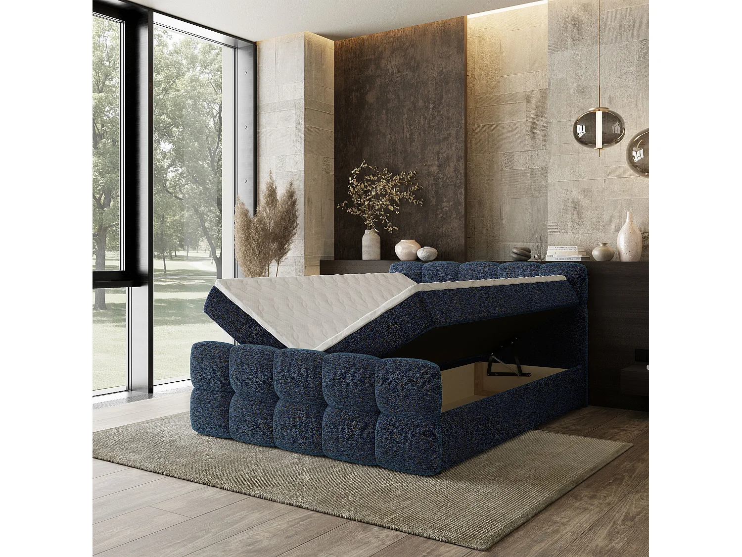 Boxspringbed BRUME 200x200 cm Set met hoofdbord, bedbodem en matras, Blauw