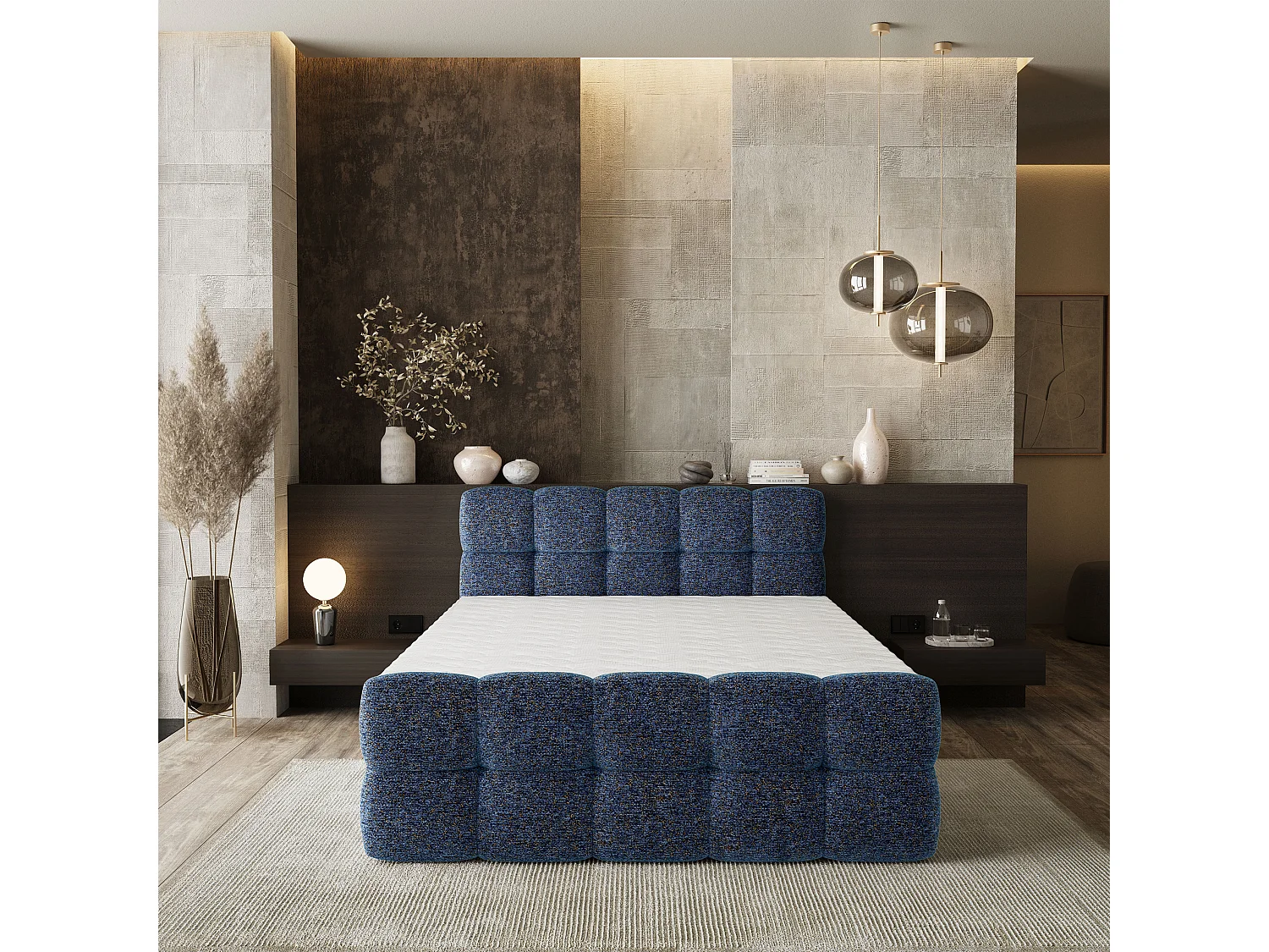 Boxspringbed BRUME 200x200 cm Set met hoofdbord, bedbodem en matras, Blauw