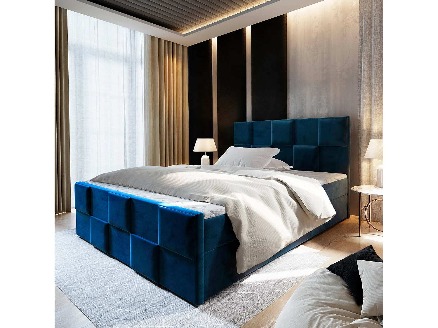 Boxspringbed MONA 200x200 cm Set met hoofdbord, bedbodem en matras, Blauw
