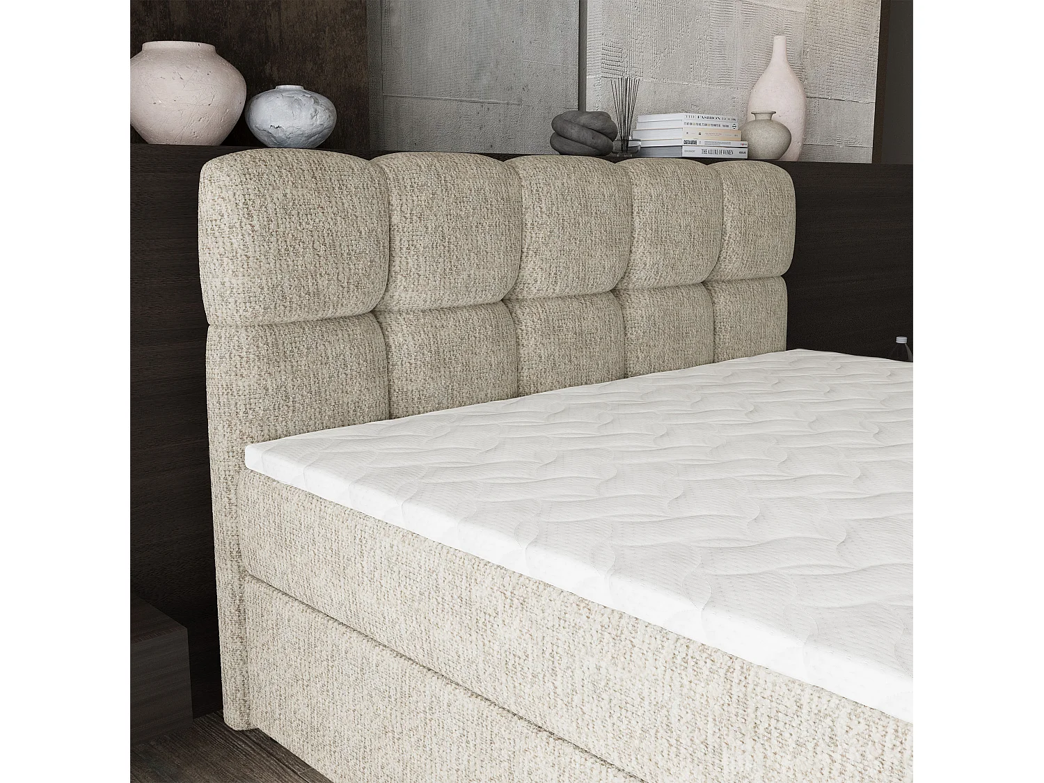 Lit boxspring BRUME 200x200 cm avec tête de lit, sommier et matelas, Crème