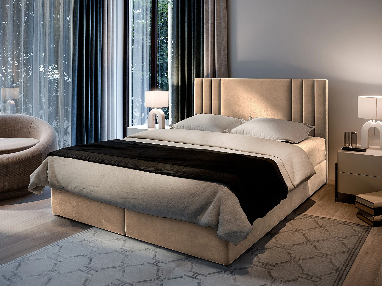 Boxspringbed BRES 200x200 cm Set met hoofdbord, bedbodem en matras, Beige