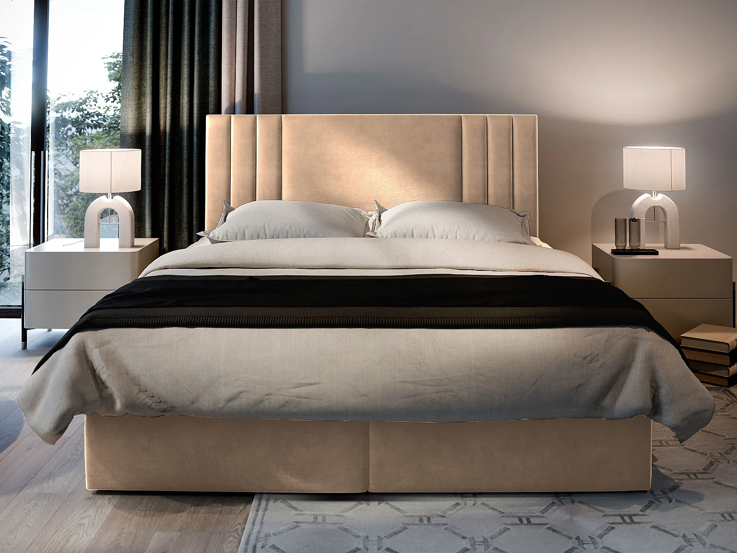 Boxspringbed BRES 200x200 cm Set met hoofdbord, bedbodem en matras, Beige