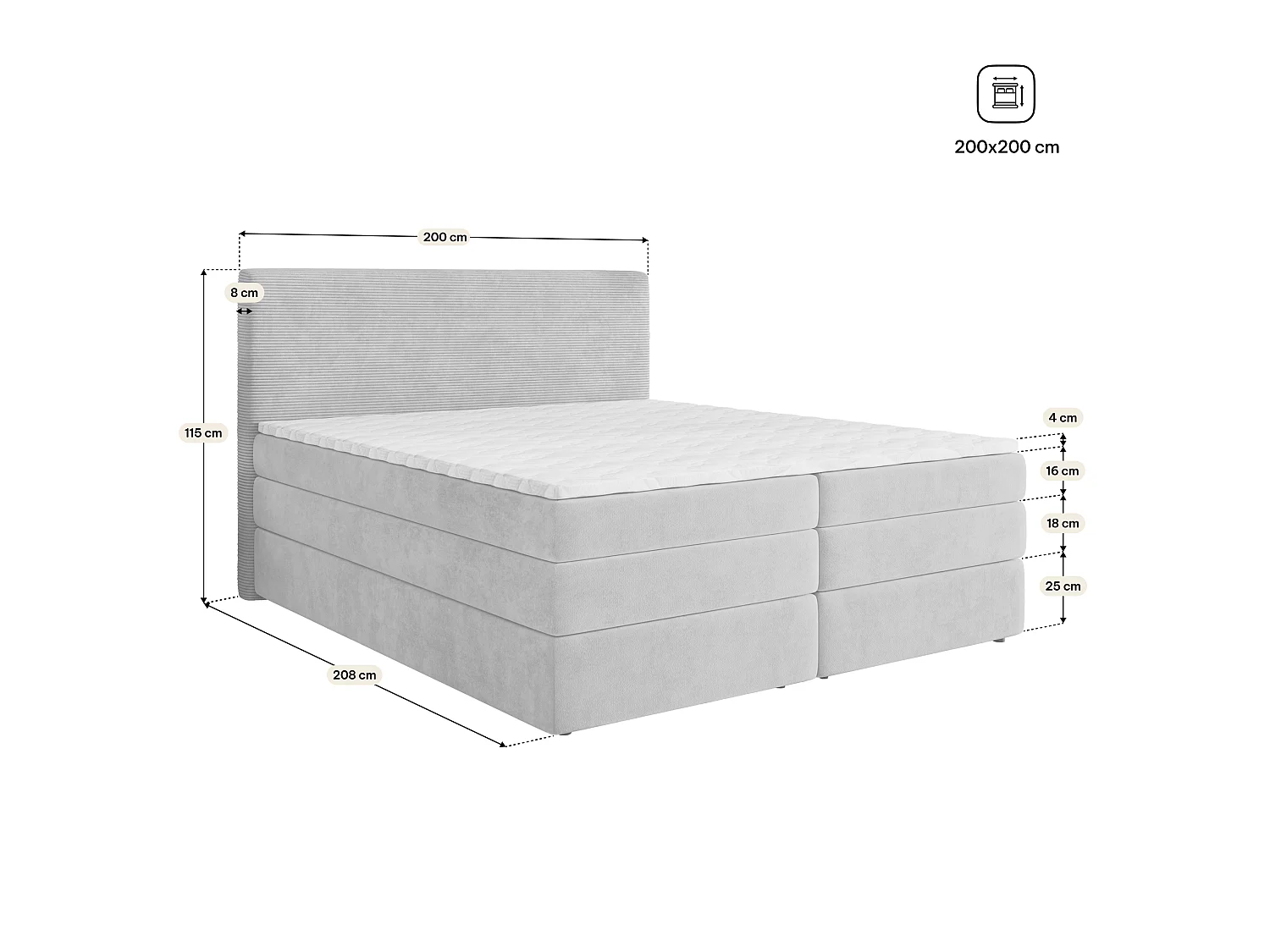 Boxspringbett MATERN 200x200 cm Set mit Kopfteil, Bettgestell, Bonellfederkernmatratze und Taschenfederkernmatratze, Cremig