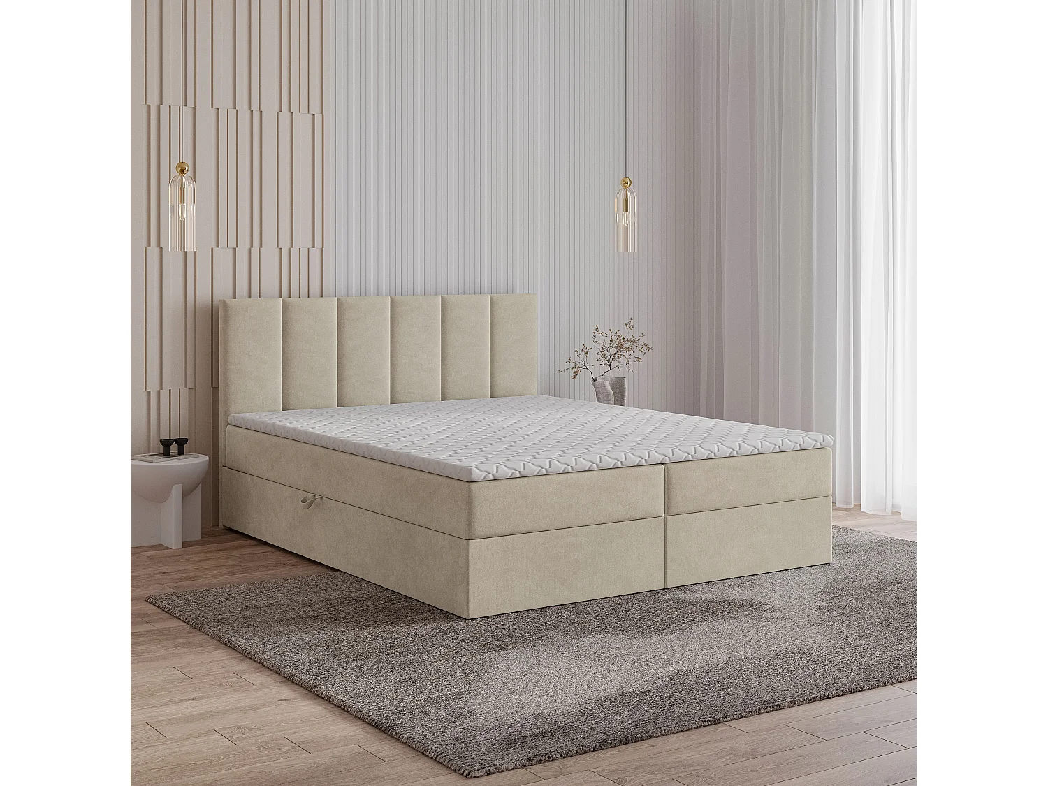 Lit boxspring MERIL 200x200 cm avec tête de lit, sommier et matelas, Beige