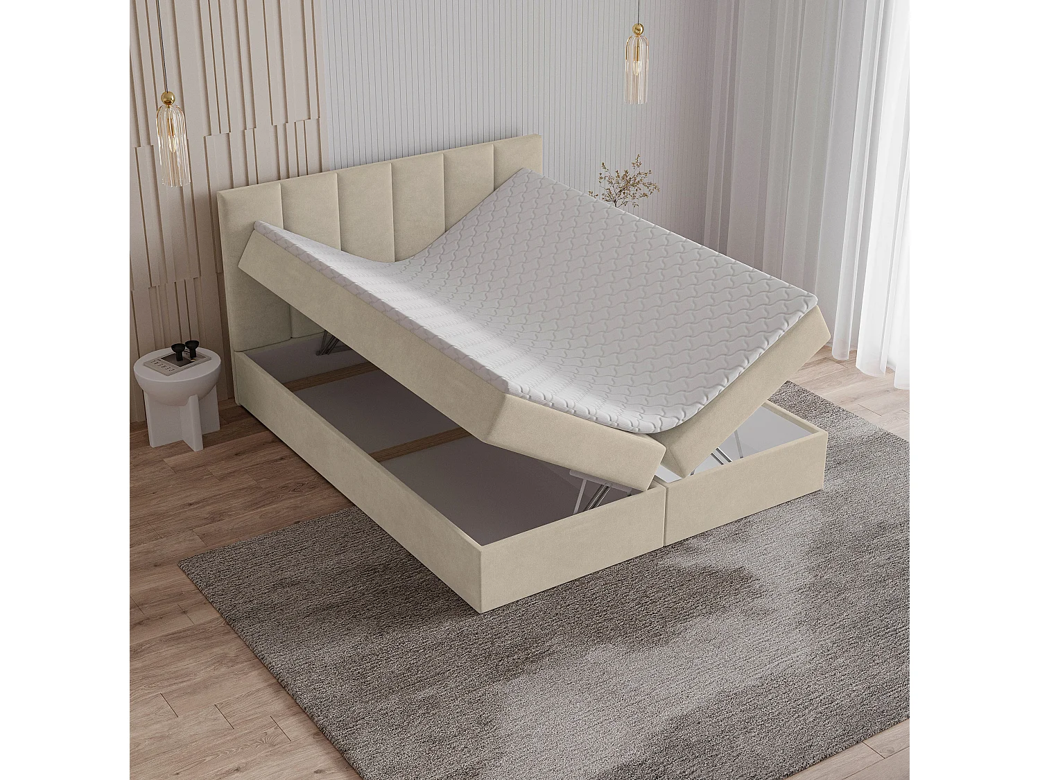 Lit boxspring MERIL 200x200 cm avec tête de lit, sommier et matelas, Beige