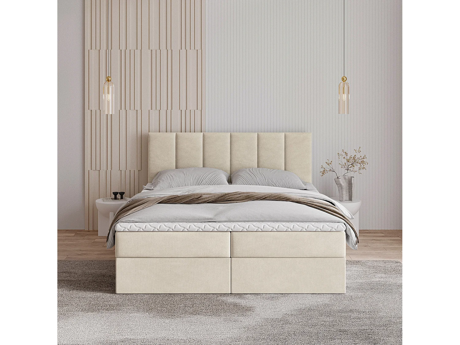 Lit boxspring MERIL 200x200 cm avec tête de lit, sommier et matelas, Beige