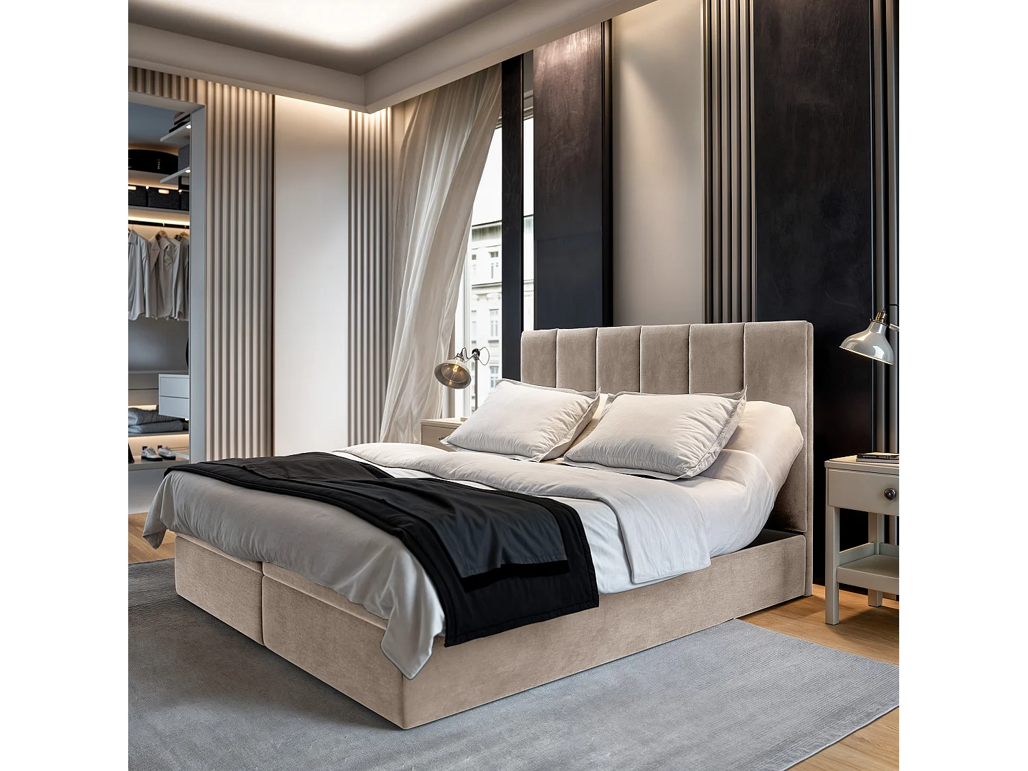 Lit boxspring BARINO 200x200 cm avec tête de lit, sommier et matelas, Beige