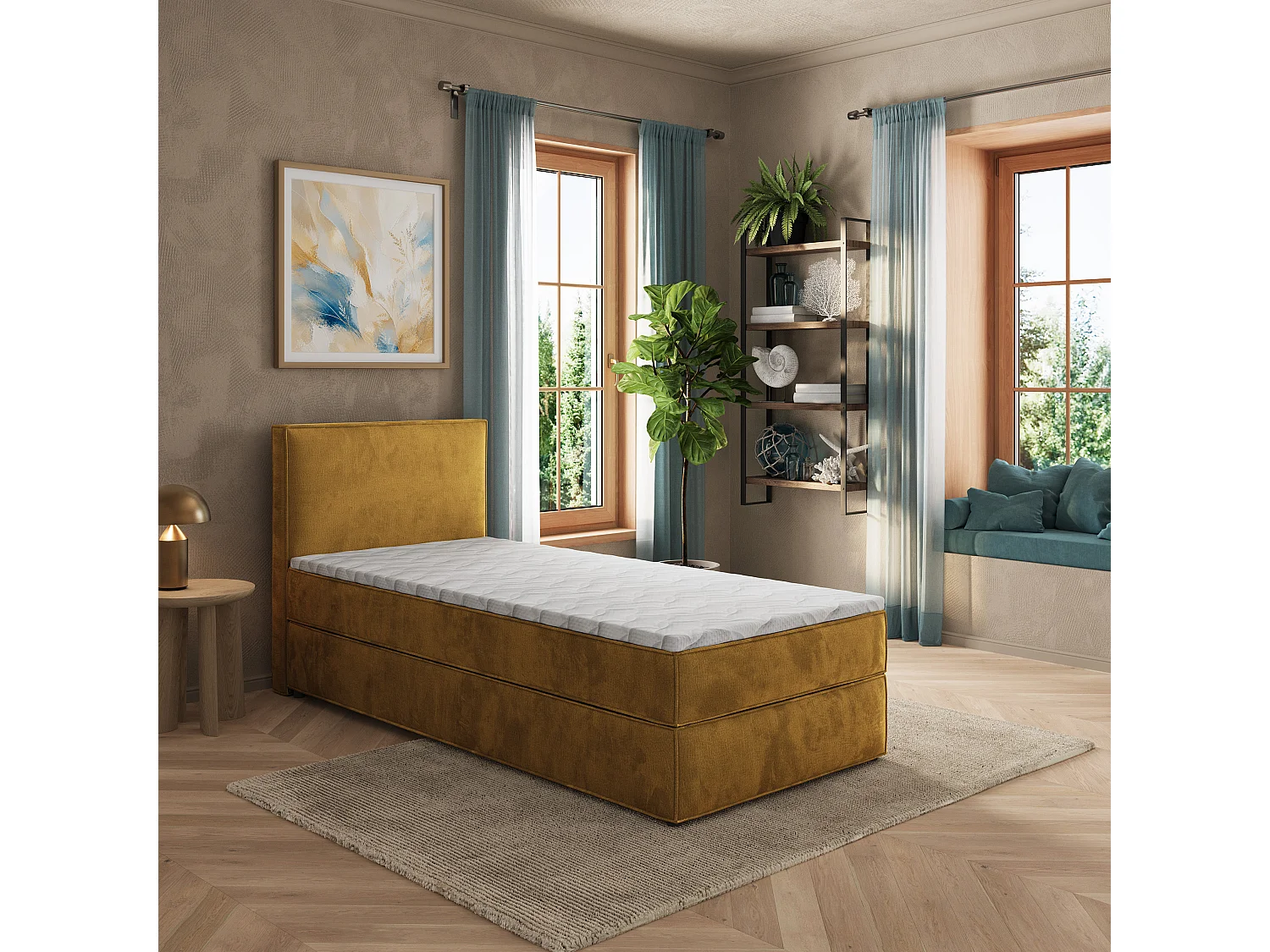 Lit boxspring PELLIO 90x200 cm avec tête de lit, sommier et matelas, Jaune