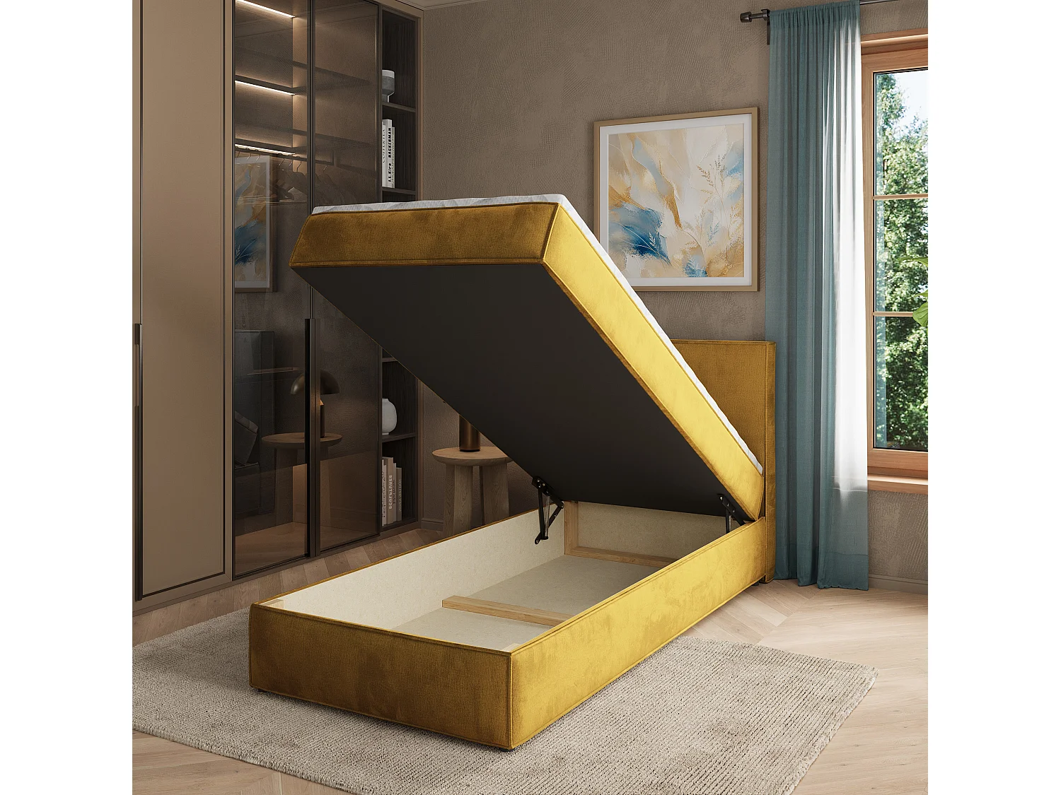 Lit boxspring PELLIO 90x200 cm avec tête de lit, sommier et matelas, Jaune