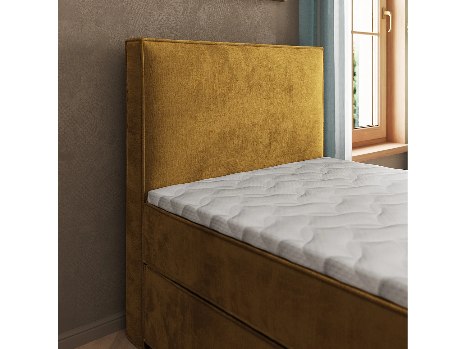 Lit boxspring PELLIO 90x200 cm avec tête de lit, sommier et matelas, Jaune