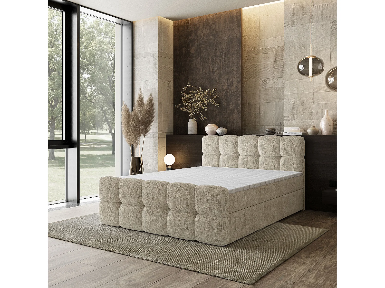 Lit boxspring BRUME 180x200 cm avec tête de lit, sommier et matelas, Crème