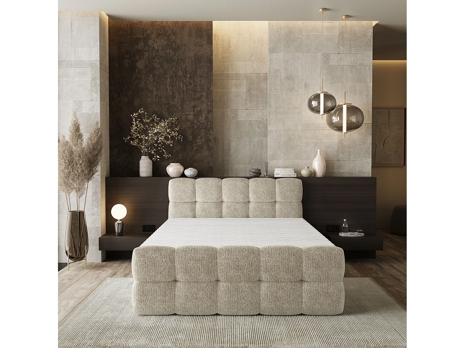 Lit boxspring BRUME 180x200 cm avec tête de lit, sommier et matelas, Crème