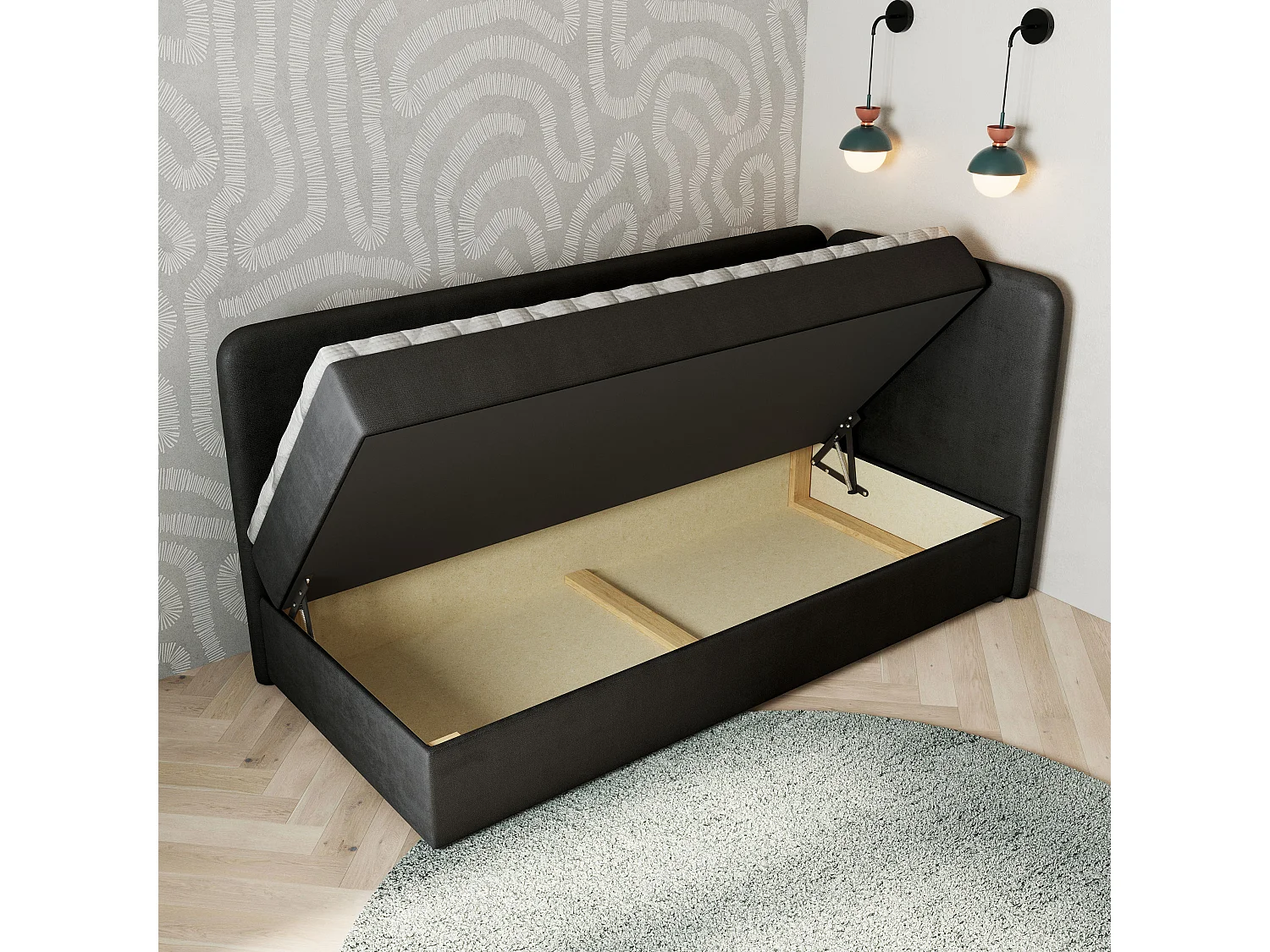 Boxspringbed GINA 80x200 cm Set met hoofdbord, bedbodem en matras, Zwart