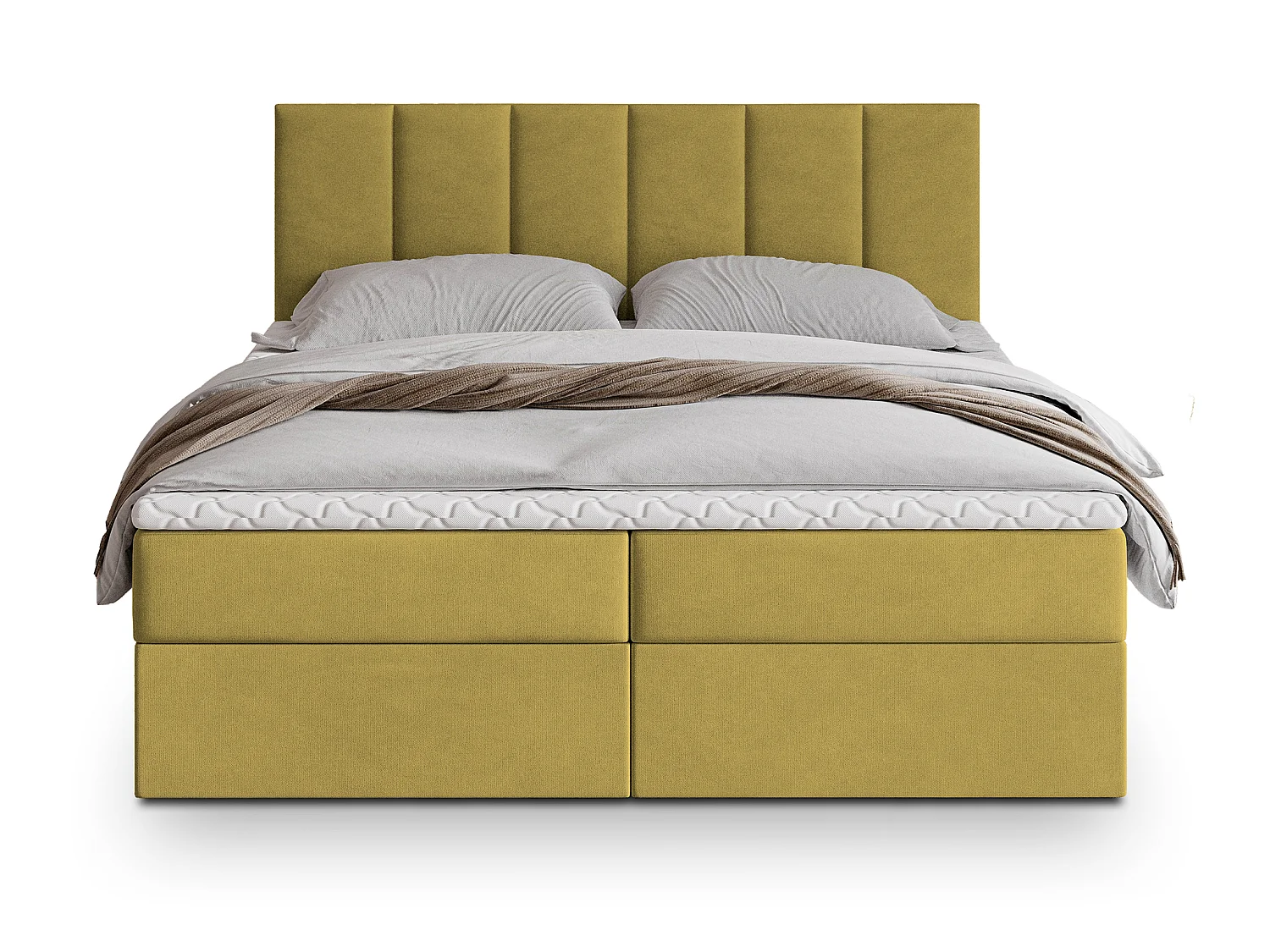Lit boxspring MERIL 200x200 cm avec tête de lit, sommier et matelas, Jaune