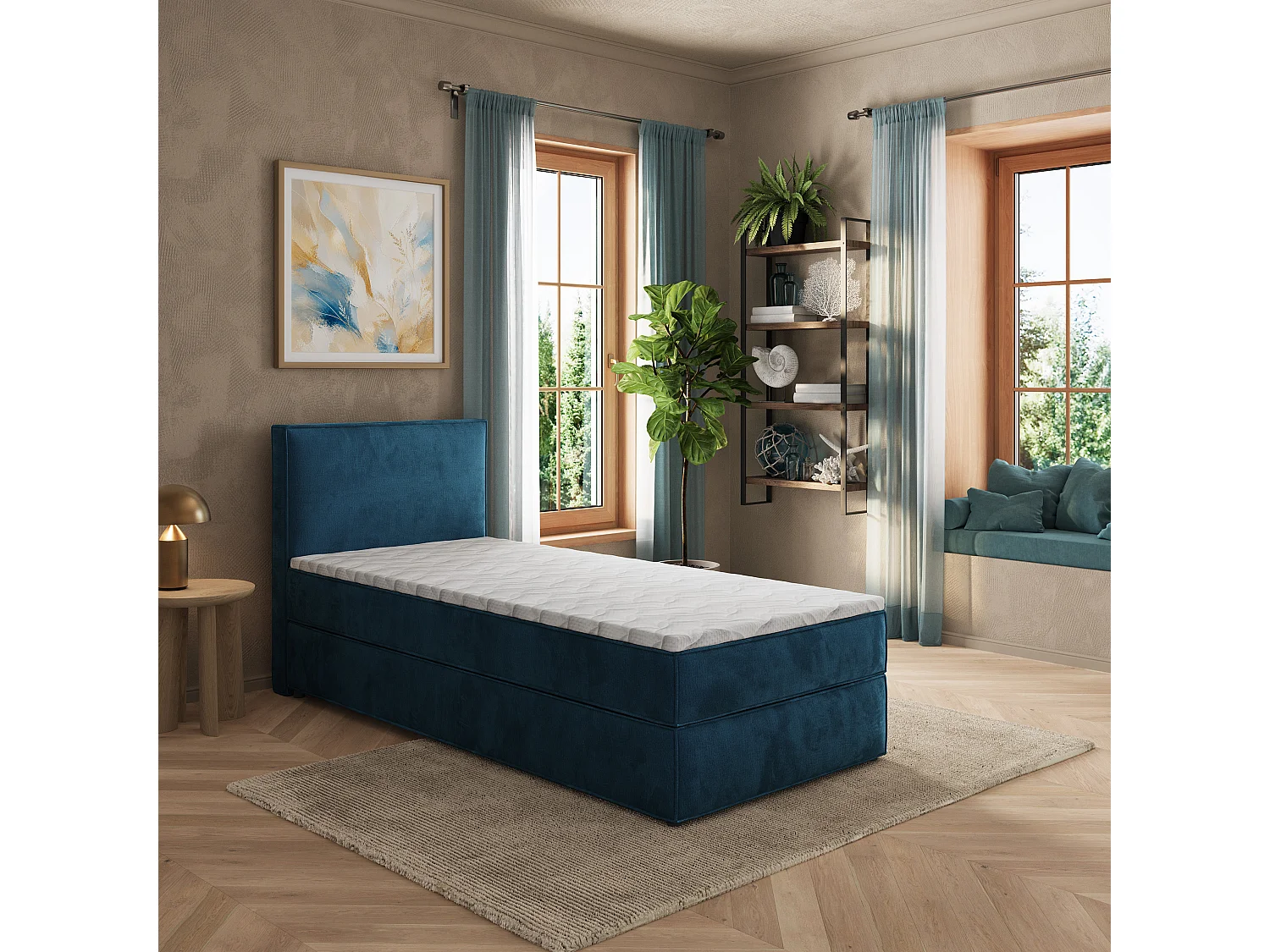 Boxspringbed PELLIO 90x200 cm Set met hoofdbord, bedbodem en matras, Blauw