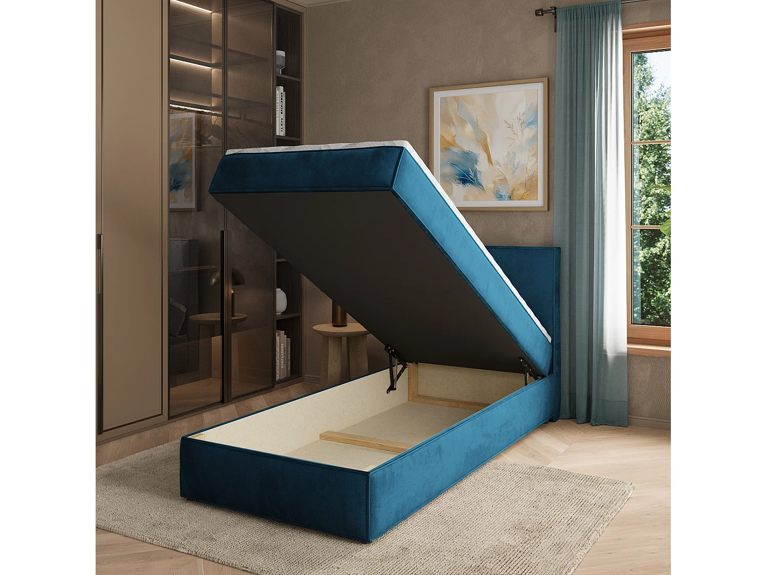 Boxspringbed PELLIO 90x200 cm Set met hoofdbord, bedbodem en matras, Blauw