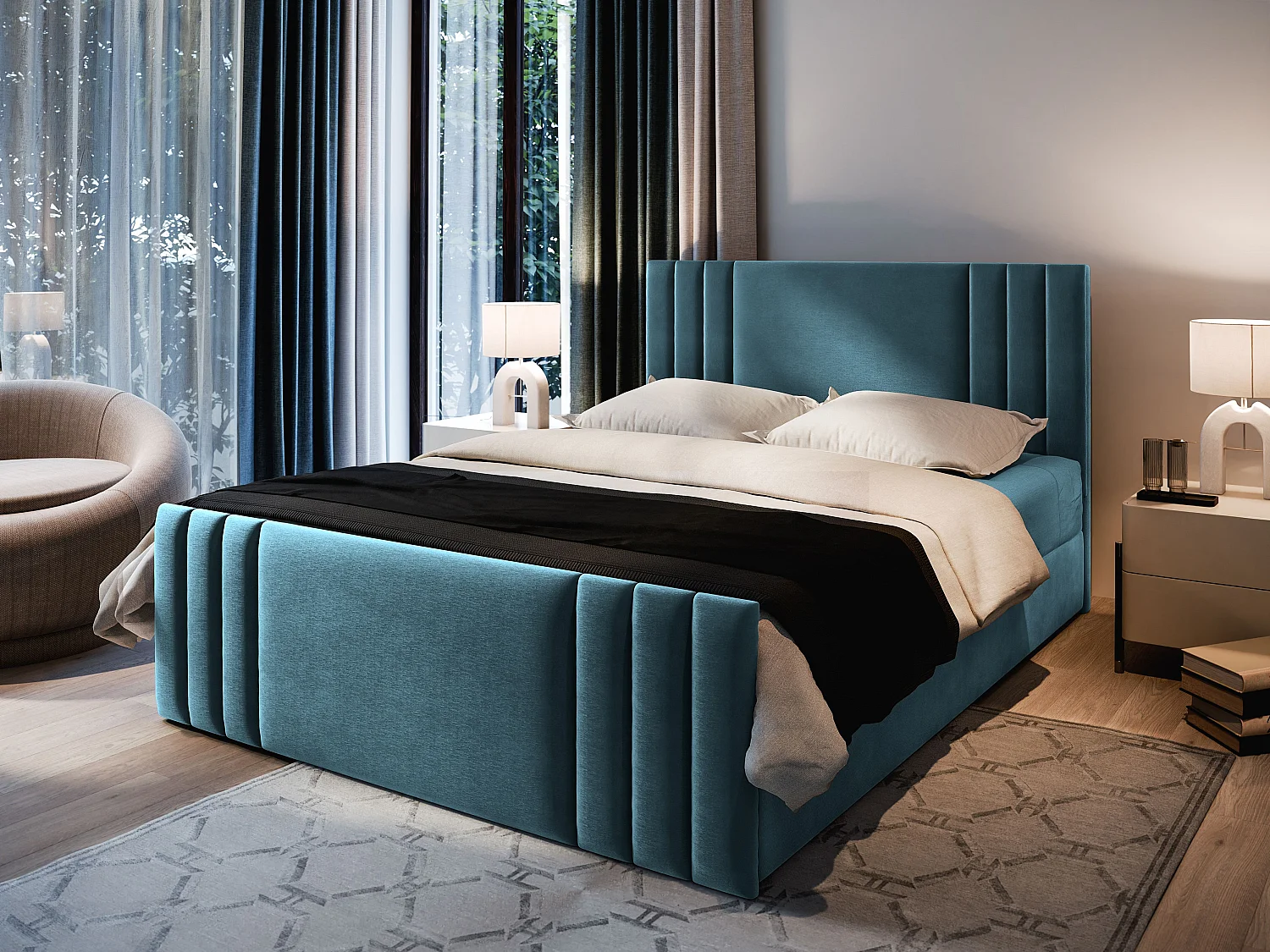 Boxspringbed KANES 200x200 cm Set met hoofdbord, bedbodem en matras, Zeegroen