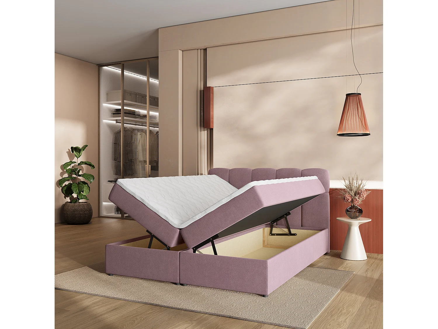 Lit boxspring MERU 200x200 cm avec tête de lit, sommier et matelas, Rose poudré