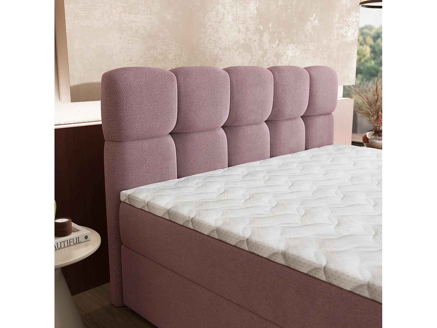 Lit boxspring MERU 200x200 cm avec tête de lit, sommier et matelas, Rose poudré