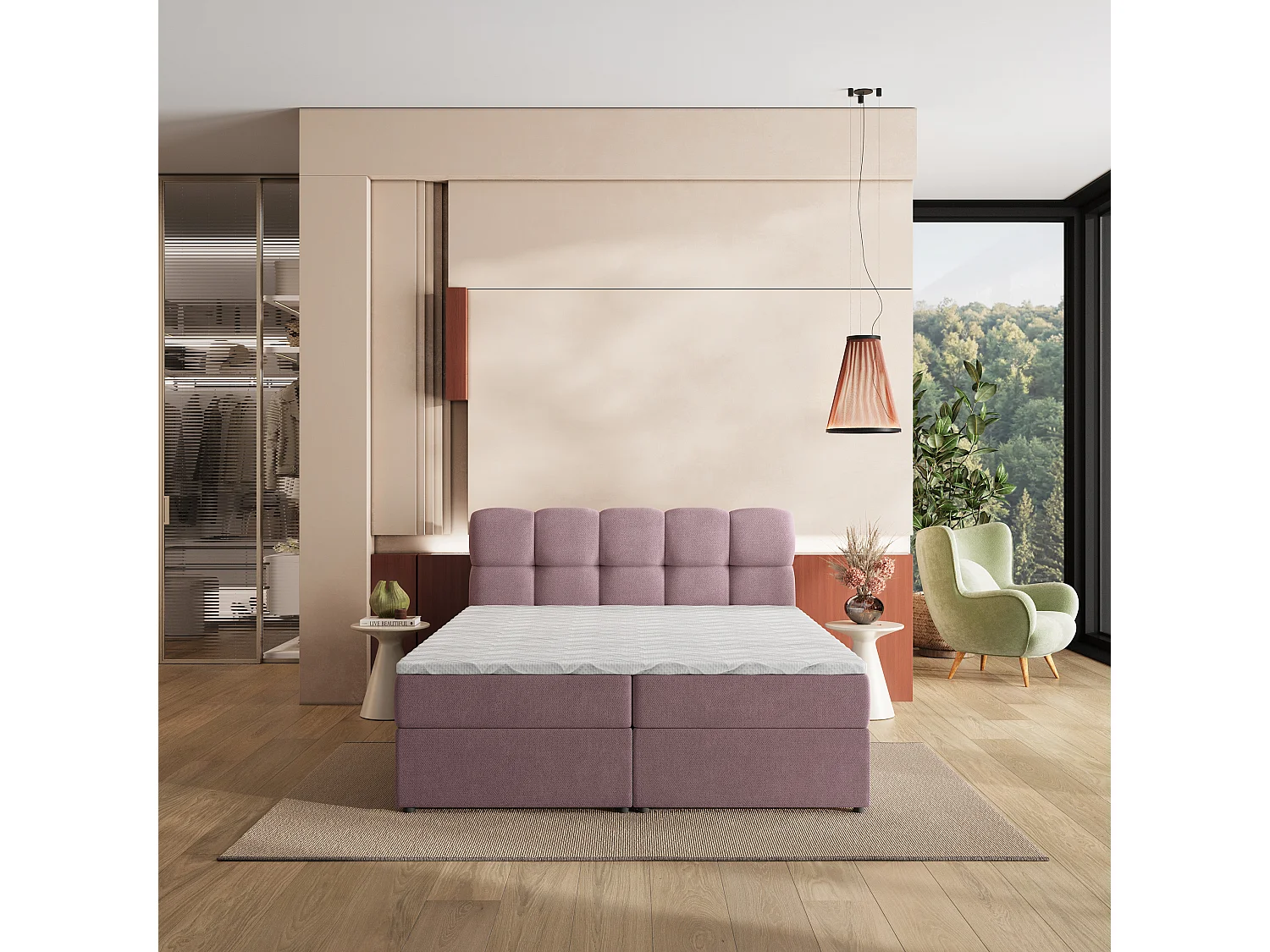 Lit boxspring MERU 200x200 cm avec tête de lit, sommier et matelas, Rose poudré