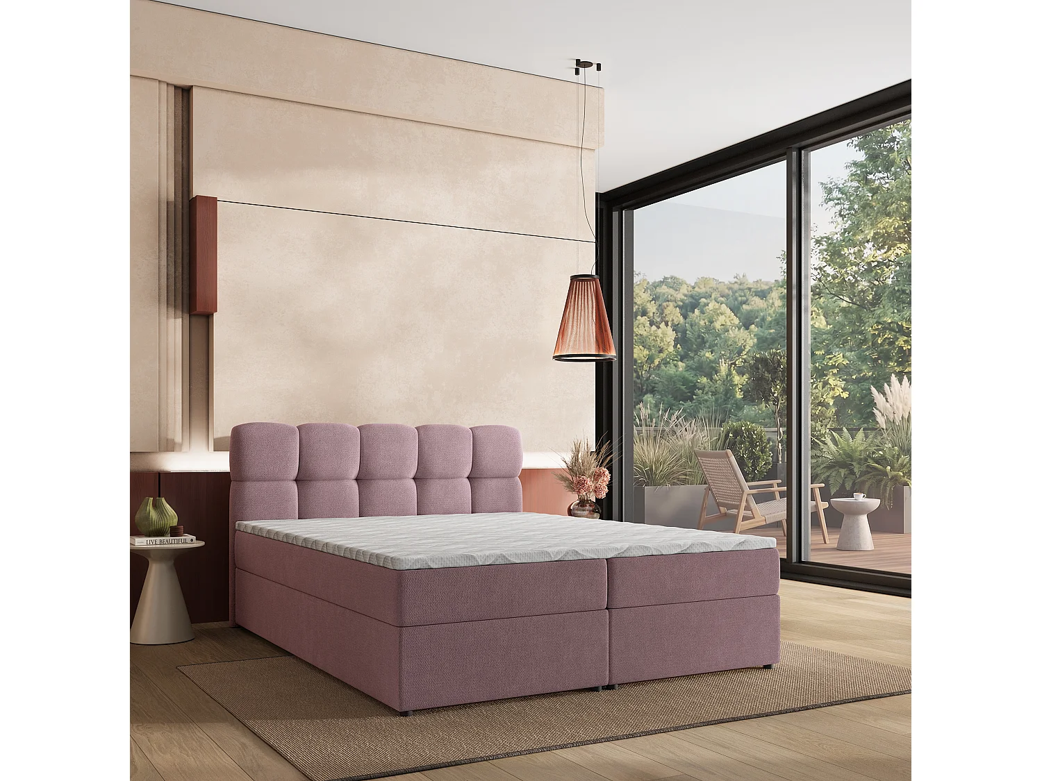 Lit boxspring MERU 140x200 cm avec tête de lit, sommier et matelas, Rose poudré
