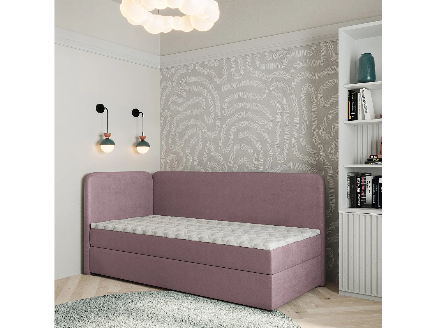Lit boxspring GINA 80x200 cm avec tête de lit, sommier et matelas, Rose poudré