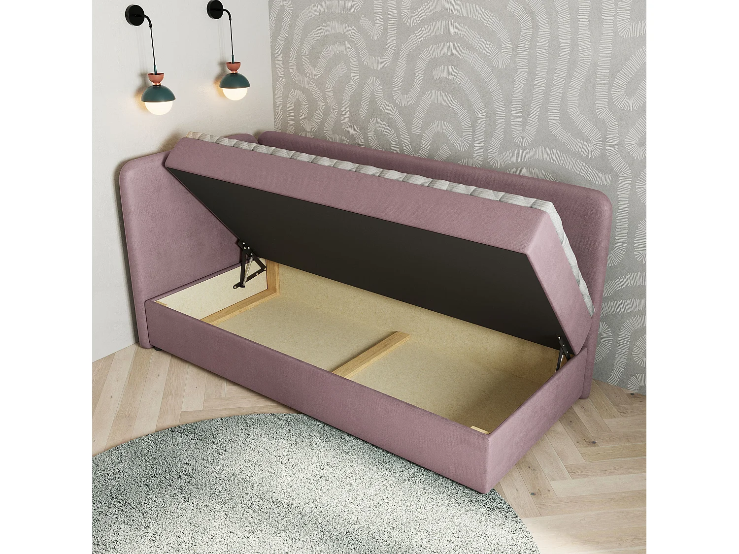 Lit boxspring GINA 80x200 cm avec tête de lit, sommier et matelas, Rose poudré