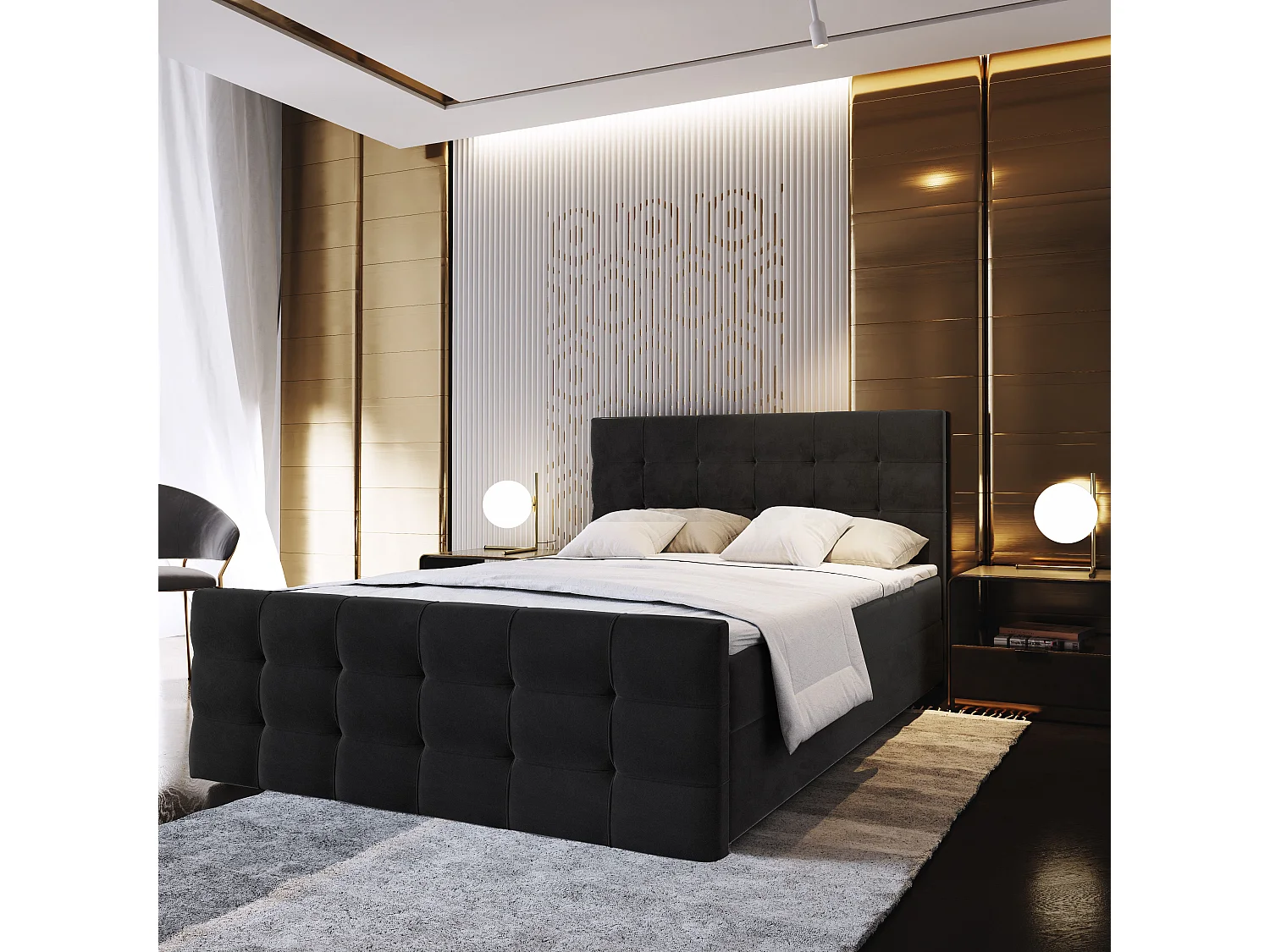 Lit boxspring AMON 200x200 cm avec tête de lit, sommier et matelas, Noir
