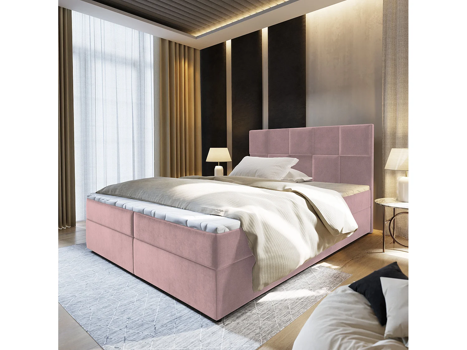 Lit boxspring PRATA 200x200 cm avec tête de lit, sommier et matelas, Rose poudré