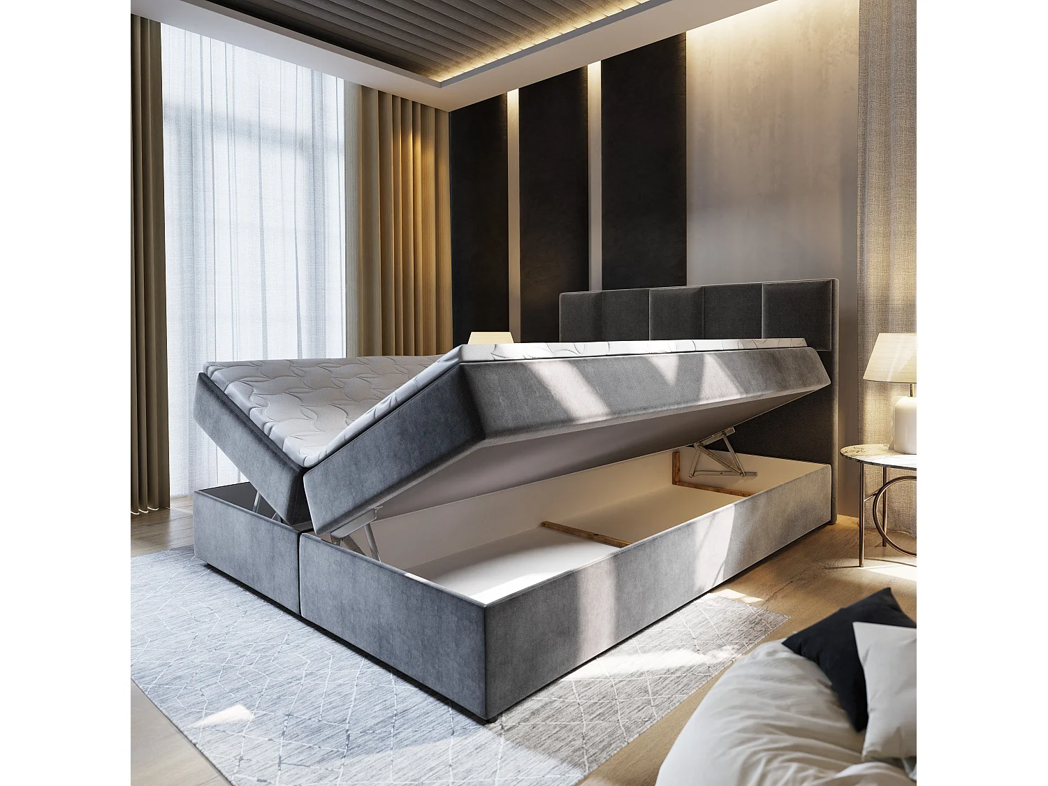 Lit boxspring PRATA 200x200 cm avec tête de lit, sommier et matelas, Rose poudré