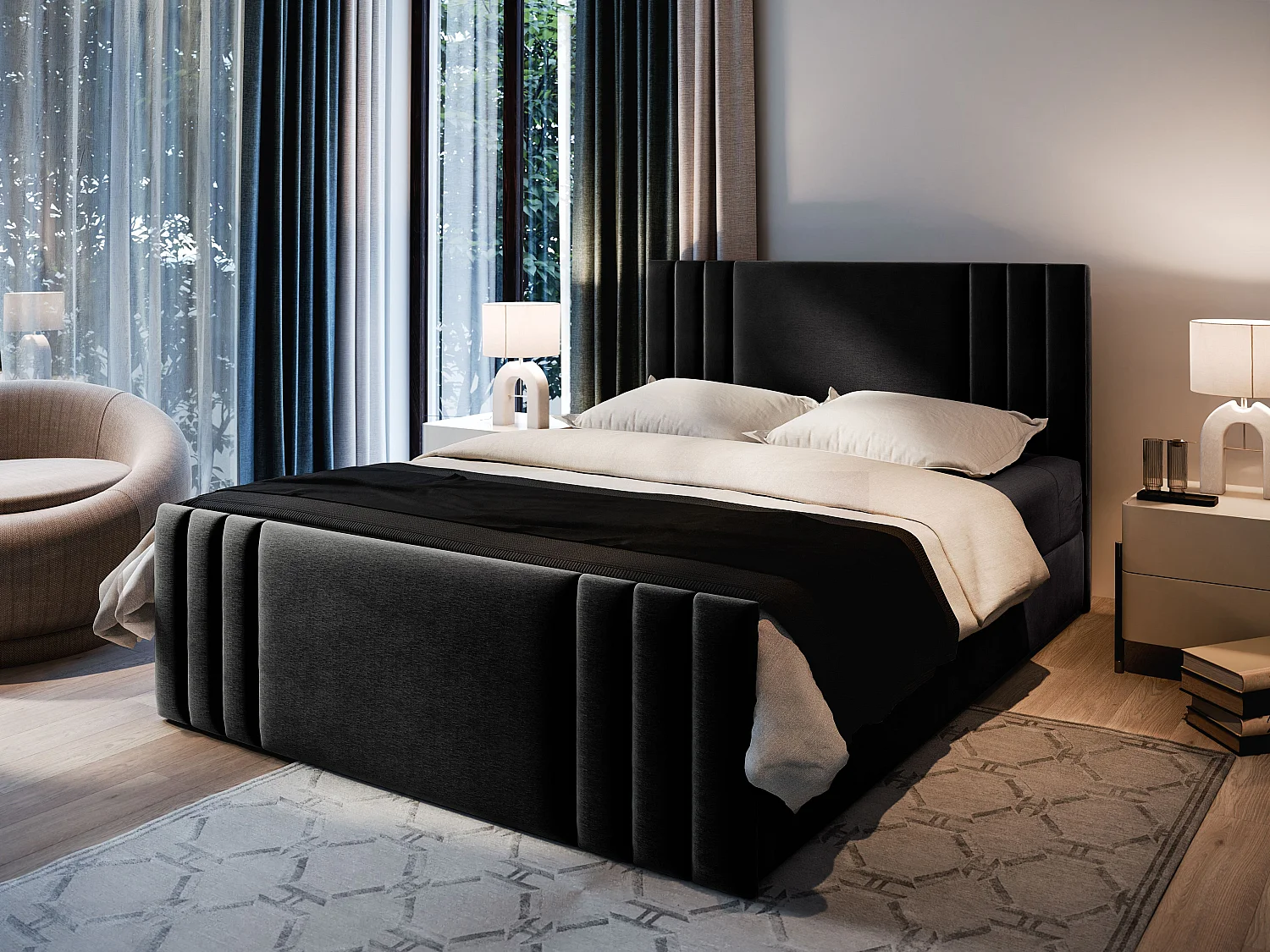 Boxspringbed KANES 200x200 cm Set met hoofdbord, bedbodem en matras, Zwart