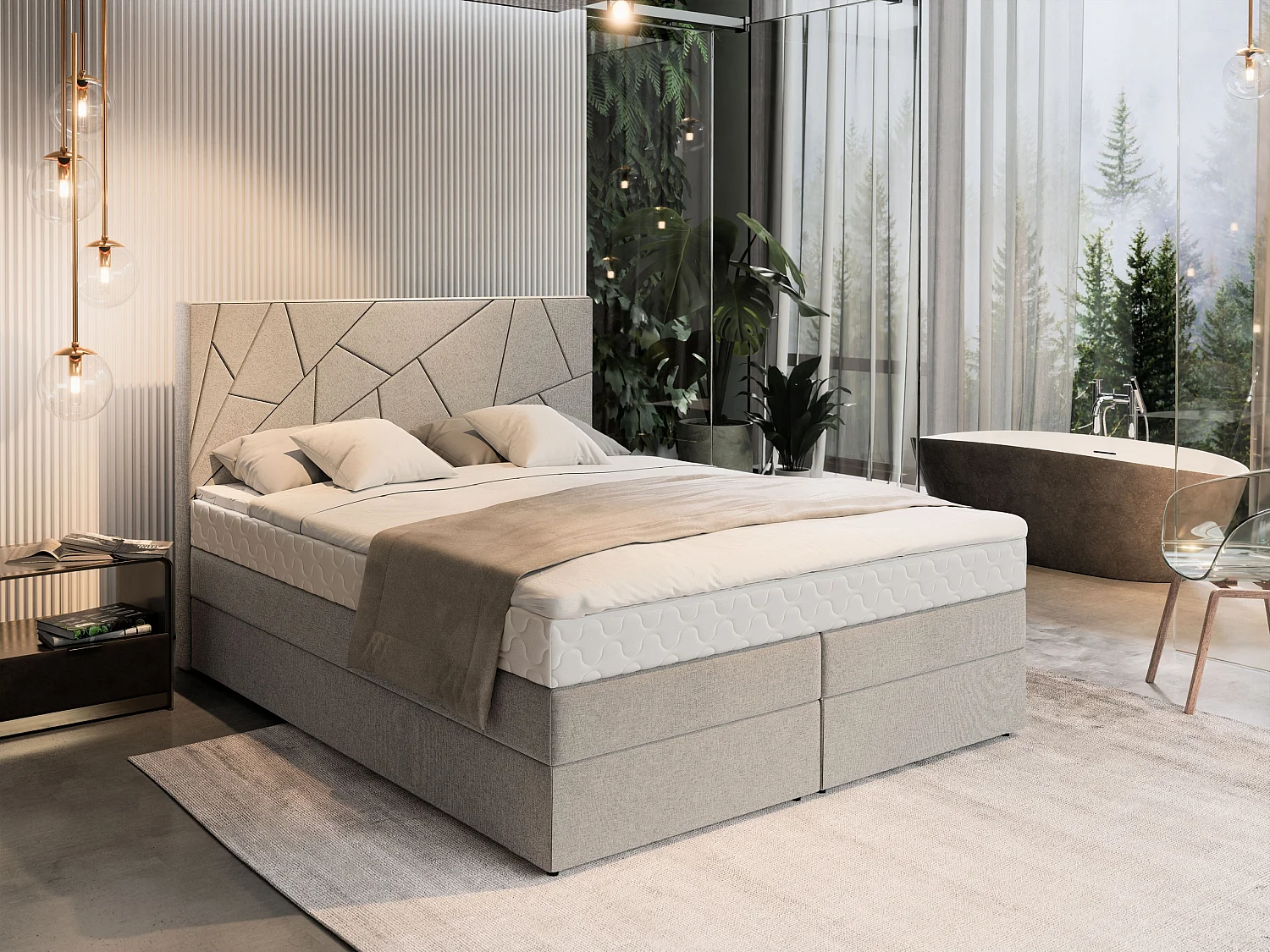 Boxspringbed TRANI 200x200 cm Set met hoofdbord, bedbodem en matras, Beige