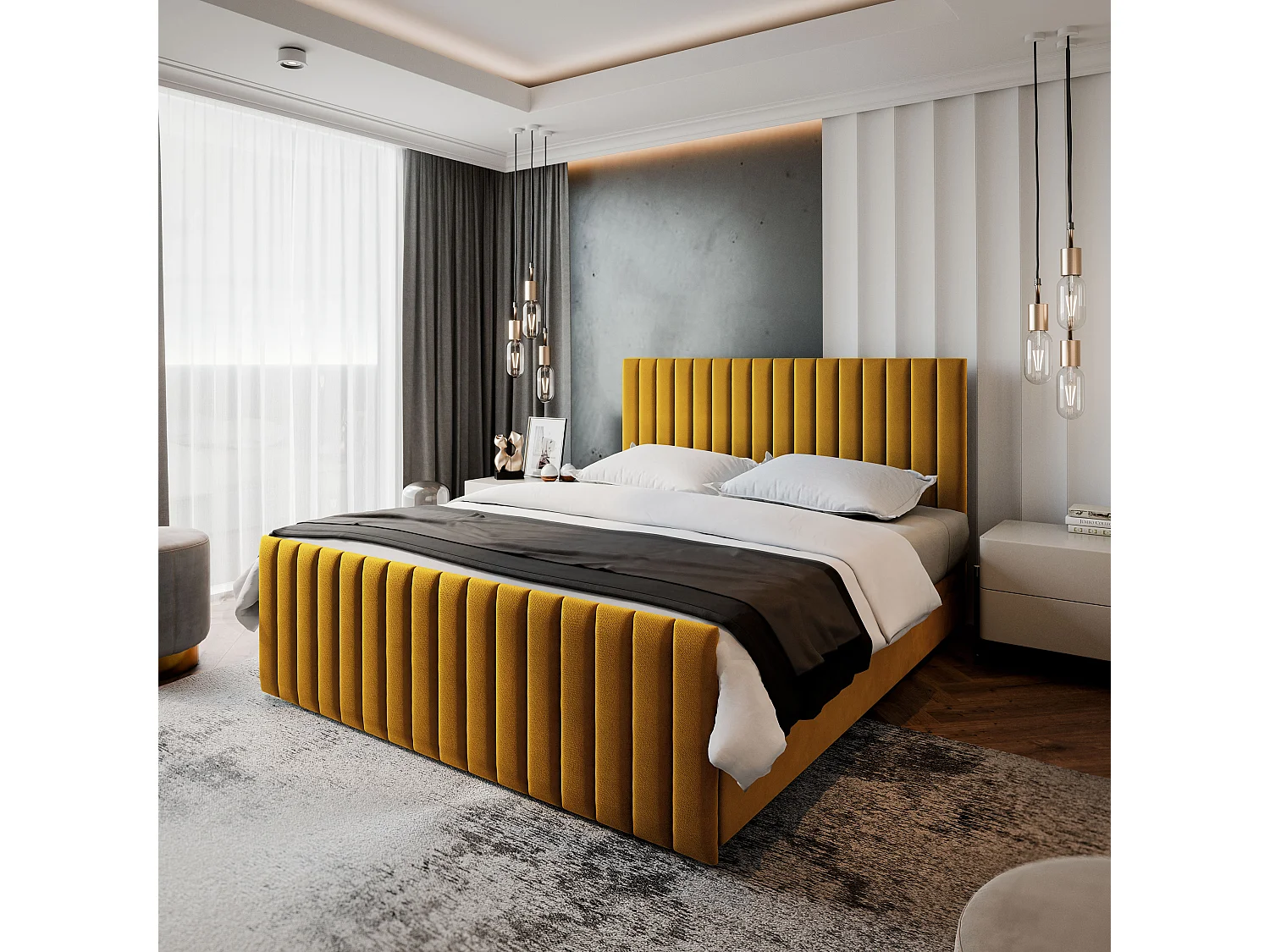 Lit boxspring ARION 200x200 cm avec tête de lit, sommier et matelas, Jaune