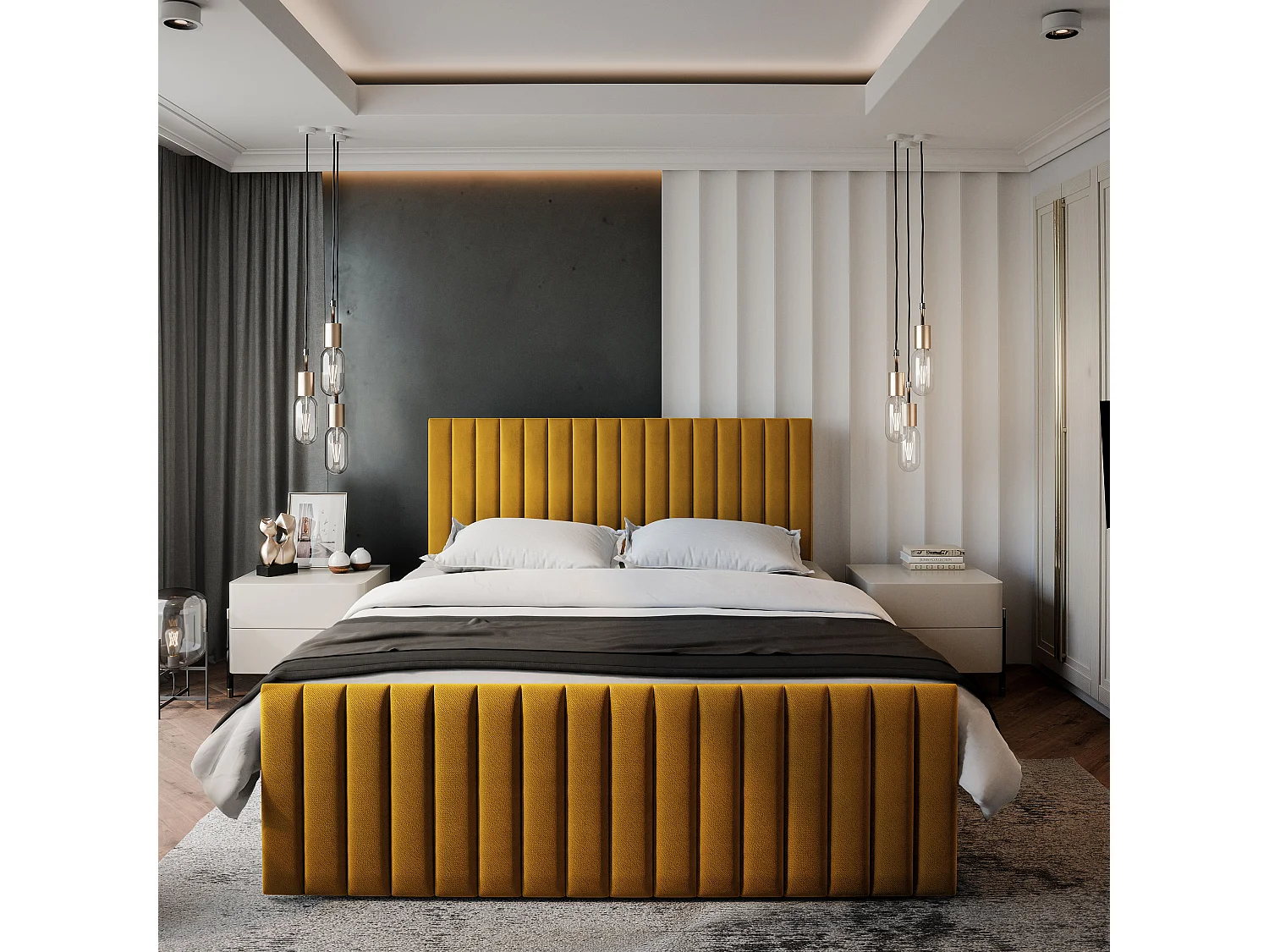 Lit boxspring ARION 200x200 cm avec tête de lit, sommier et matelas, Jaune