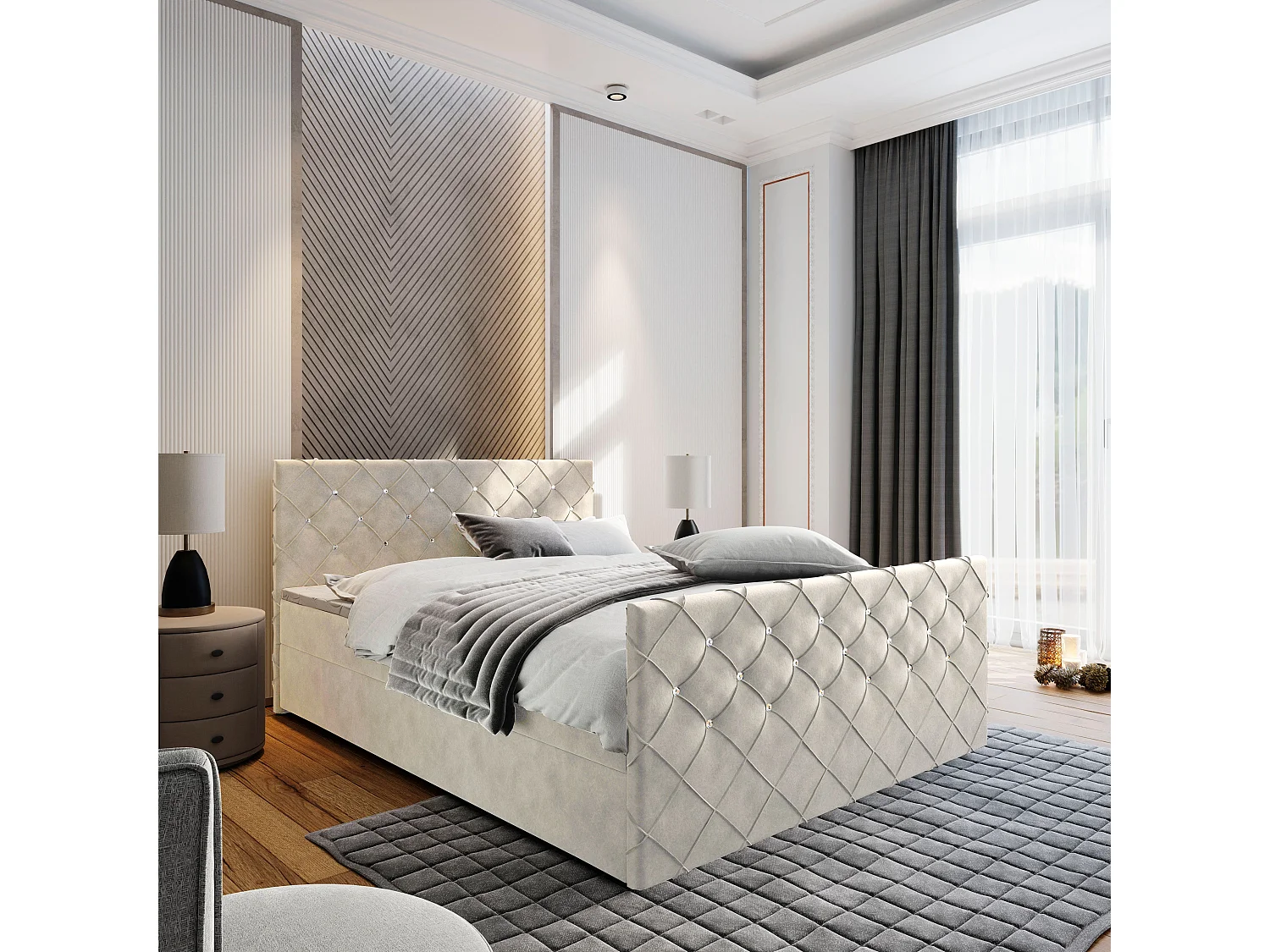 Boxspringbed MANDI 200x200 cm Set met hoofdbord, bedbodem en matras, Beige
